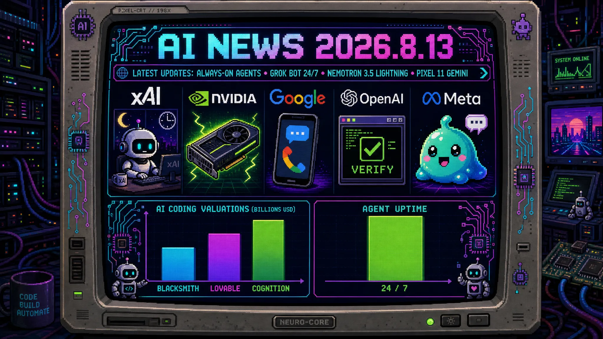 AIニュース速報（2026年8月10〜13日）｜xAIが24時間稼働エージェント「Grok Bot」を発表・NVIDIAは1基のGPUで動く30Bオープンモデル「Nemotron 3.5 Lightning」を公開、DevinのCognitionは評価額400億ドルで調達交渉・コード検証のBlacksmithは1年で評価額10倍、GoogleはPixel 11のGeminiに電話代行を実装、BtoB調査では「AIっぽさ」で問い合わせ意欲が半減まで解説