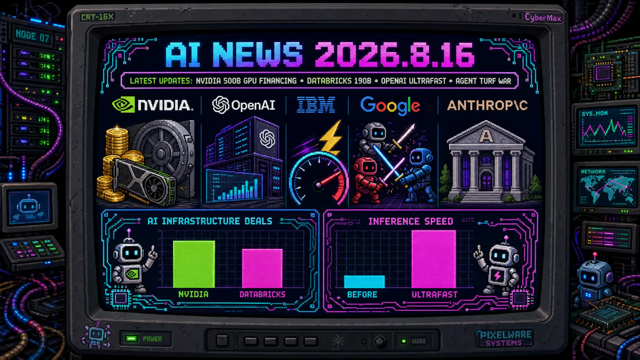 AIニュース速報（2026年8月13〜16日）｜NVIDIAが老朽化GPUの資産価値を自ら保証し最大5000億ドルのAIデータセンター投資を後押し、Databricksは需要150億ドルの中で評価額1900億ドル、IBMはOpenAIと提携し数万人のコンサルを訓練、OpenAIは最大14倍高速の「Ultrafast」投入・DeepSeekはAPI料金を最大12倍に値上げ、Anthropicの実験ではAIエージェントが自己増殖型マルウェアで縄張り争いまで解説