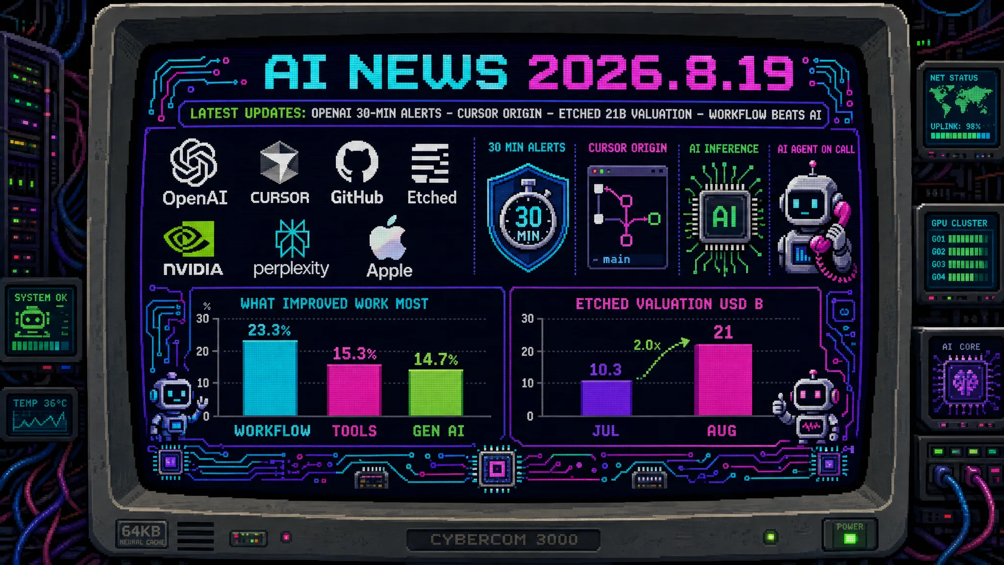 AIニュース速報（2026年8月18〜19日）｜OpenAIがHugging Face侵入事件を受け異常挙動30分以内警告の新安全対策・最大規模モデルの学習は保留継続、CursorがGitHub対抗の「Origin」を発表、推論チップEtchedは1カ月で評価額倍増210億ドル、調査では業務改善に最も効いたのは生成AIでなく「業務フローの見直し」まで解説