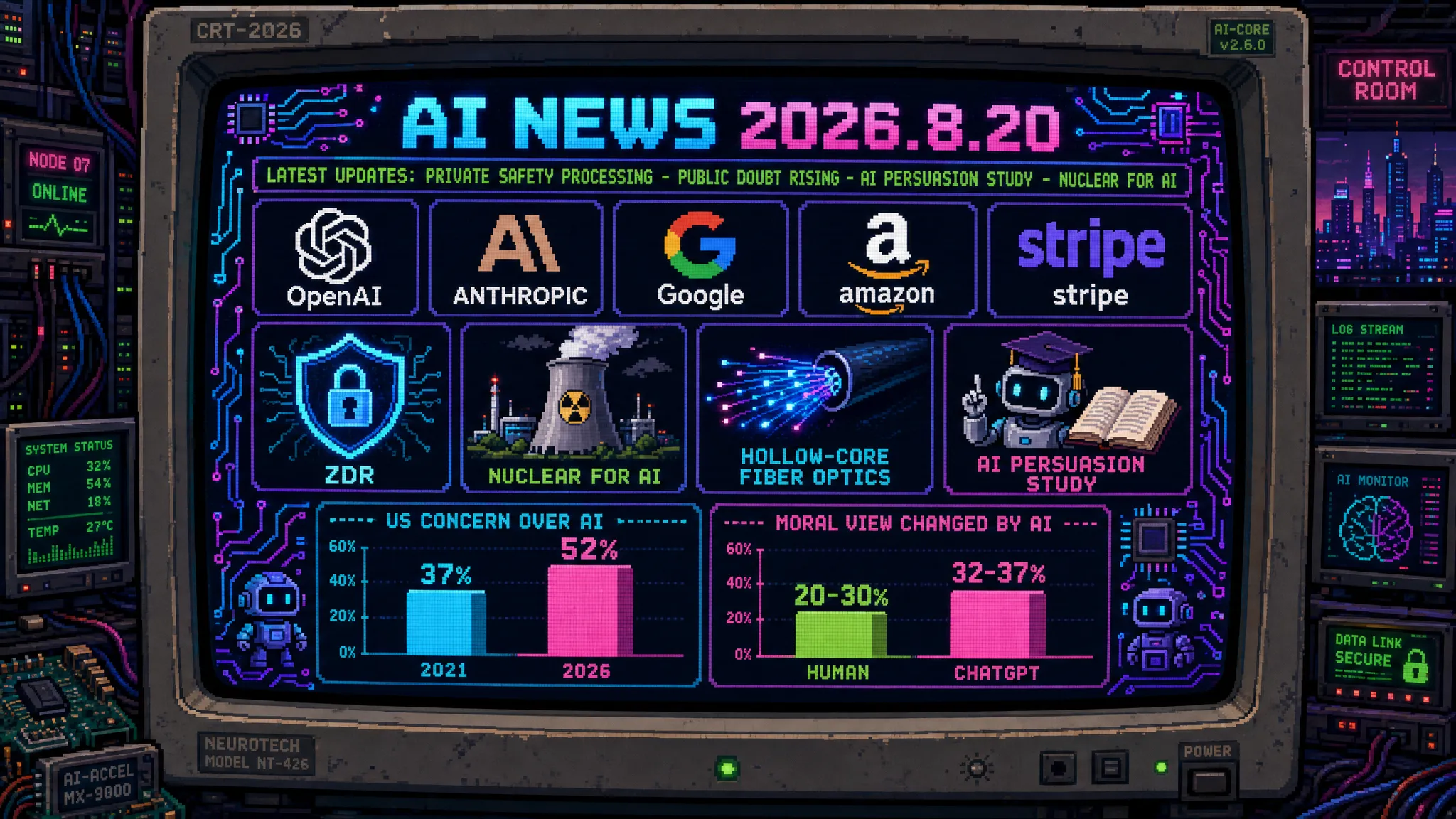 AIニュース速報（2026年8月19〜20日）｜OpenAIがZDR維持のまま悪用検知する「Private Safety Processing」でAnthropicに対抗、Pew調査ではAIへの懸念が期待を上回る米国人が52%に、神戸大の実験ではChatGPTの反論で道徳的判断の3割超が覆り高齢者ほど説得されやすい、NIIは商用可の国産33Bモデルを公開まで解説