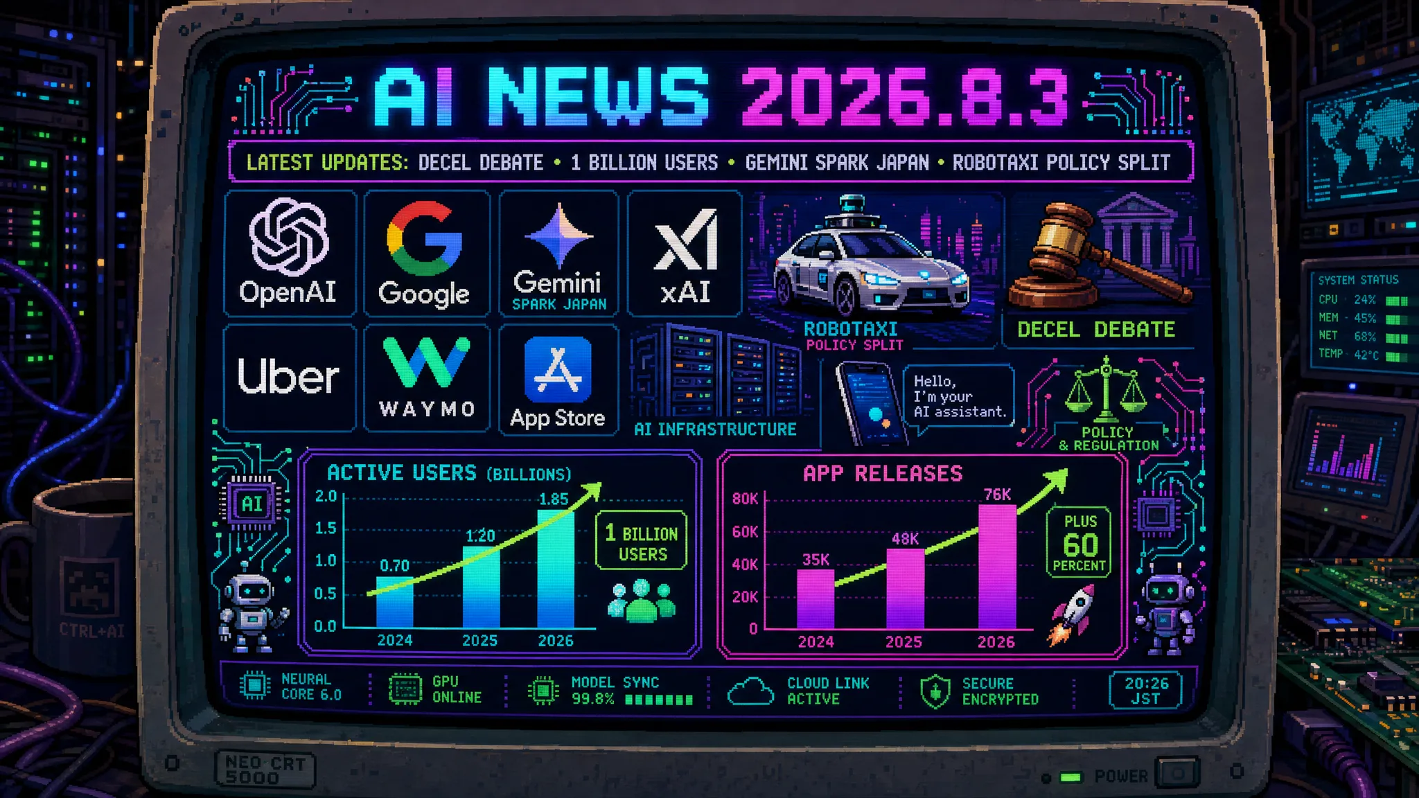 AIニュース速報（2026年8月2〜3日）｜サム・アルトマン氏が減速論争の二項対立に疑問、OpenAIのアクティブユーザーが10億人・導入企業200万社を突破、GoogleがGemini Sparkを日本で提供開始、xAIのヌード化アプリ規制差し止めが却下、ロボタクシー政策が連邦と地方で分岐まで解説