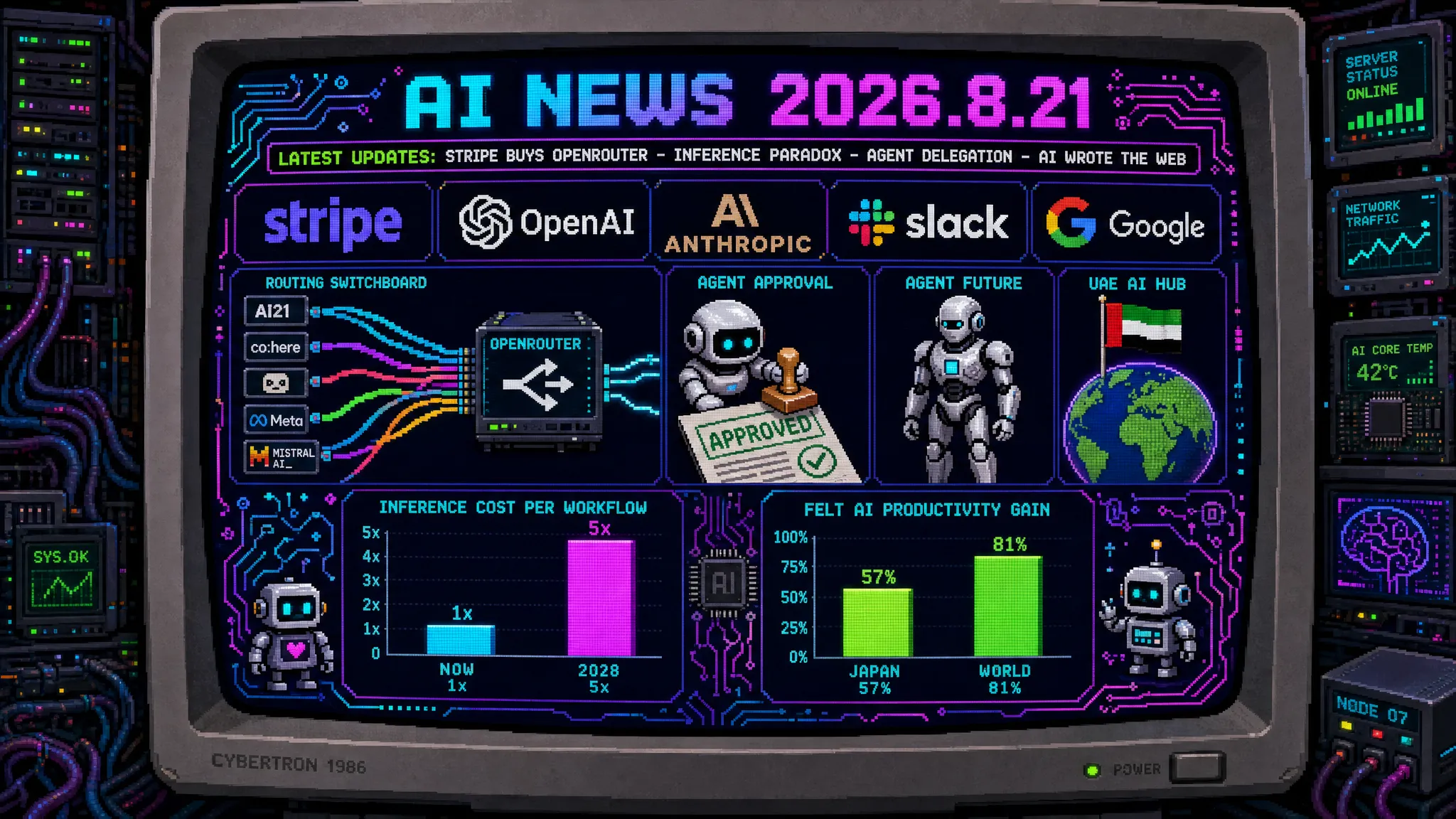 AIニュース速報（2026年8月20〜21日）｜StripeがOpenRouter買収に正式合意し取引額は80億ドル超へ・Rampも独自ルーターで参入、Gartnerは推論コストが2028年までに5倍以上になる「推論のパラドクス」を指摘、Pew調査ではChatGPT登場後のWebページ35%にAI執筆の痕跡、アクセンチュア調査で日本の生産性向上実感は57%と世界平均81%を大きく下回るまで解説