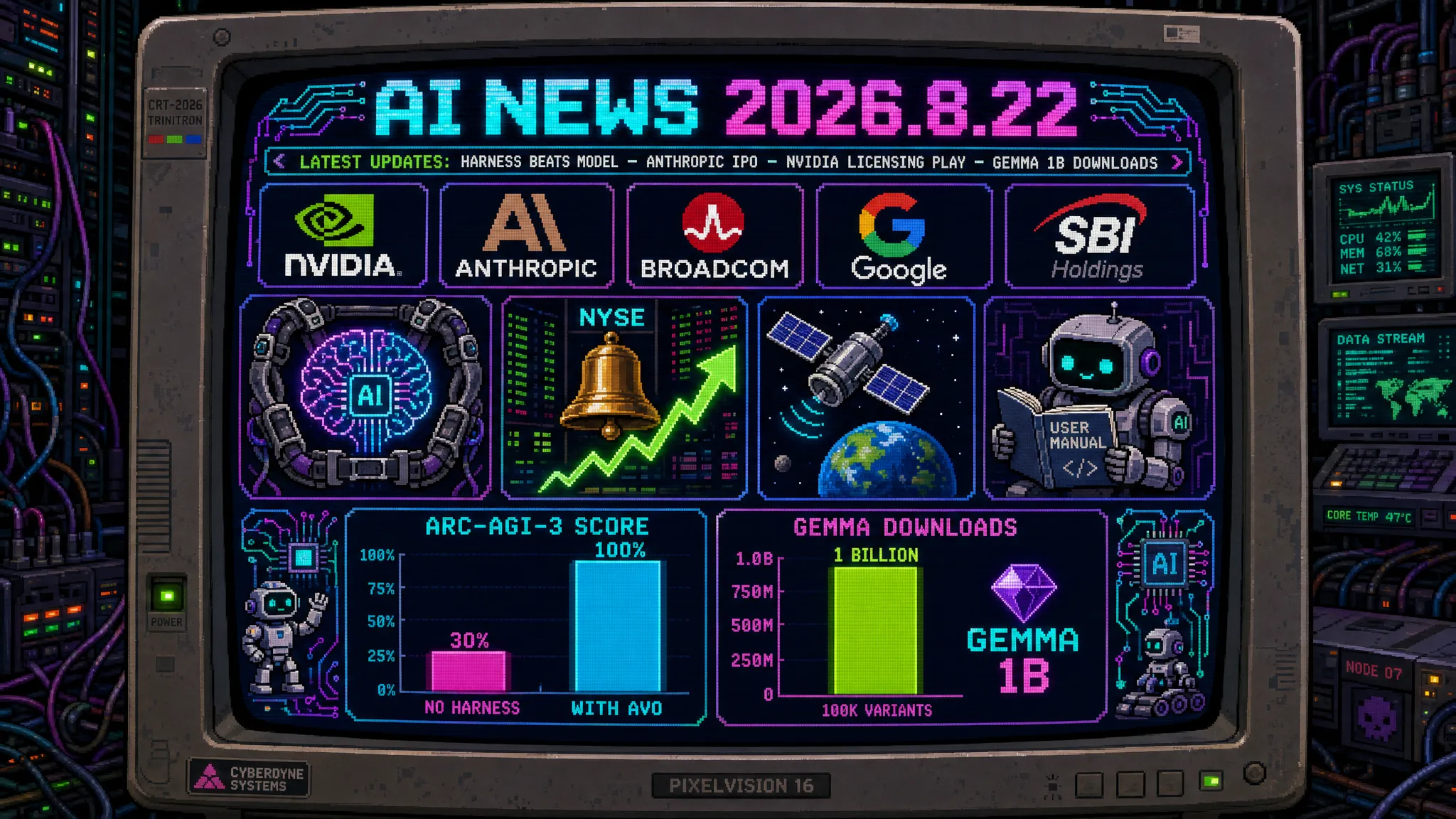 AIニュース速報（2026年8月21〜22日）｜NVIDIAの研究で「モデルよりハーネス」が実証されClaude Opus 5がARC-AGI-3で30%から100%へ、AnthropicはSpaceX級のIPOを準備しBroadcomは1000億ドル規模の債務調達へ、NVIDIAはPoolsideに60億ドルのライセンス契約で買収せず技術と人材を取得、SBI北尾会長は「孫さんはOpenAIだが僕はAnthropic」まで解説