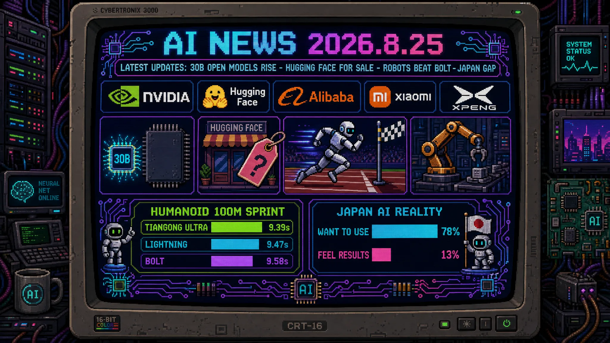 AIニュース速報（2026年8月24〜25日）｜Hugging Faceが130億ドル超で身売り検討、NVIDIAはPerplexityへ評価額300億ドル超での出資を検討しPoolsideとの60億ドル契約で米国製オープンウェイトを強化、中国製ヒューマノイドが100m走でボルトの記録を更新、日本企業でAIの成果を実感できているのは13%まで解説
