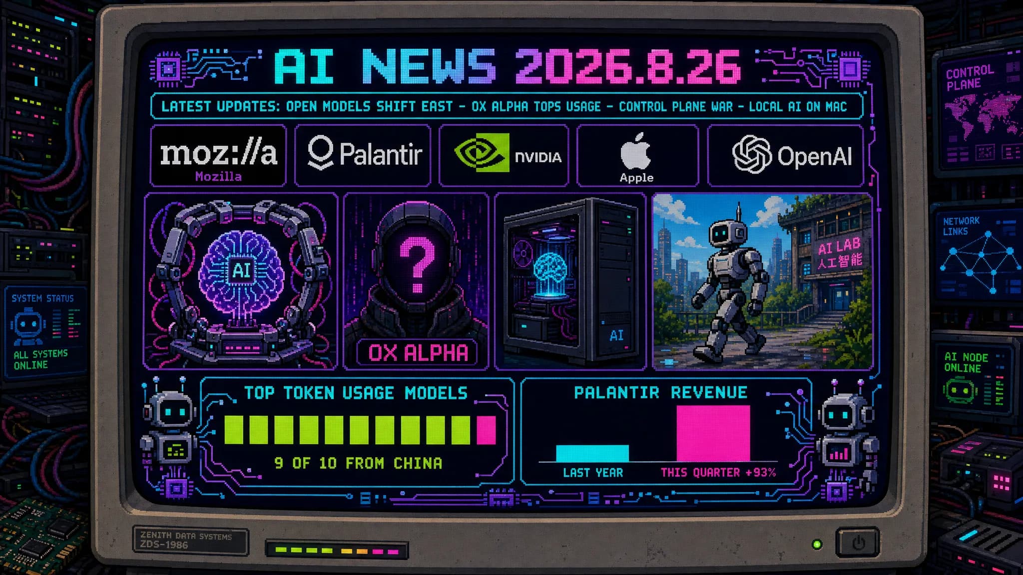 AIニュース速報（2026年8月25〜26日）｜Mozillaレポートでトークン消費上位10モデルのうち9つが中国発と判明、ステルスモデル「Ox Alpha」は消費量トップでGLM系説が有力、Palantirは93%増収でAI競争の主戦場「制御層」を独走、AppleはM5 UltraのMac Studioでローカルのオープンウェイト実行を訴求まで解説