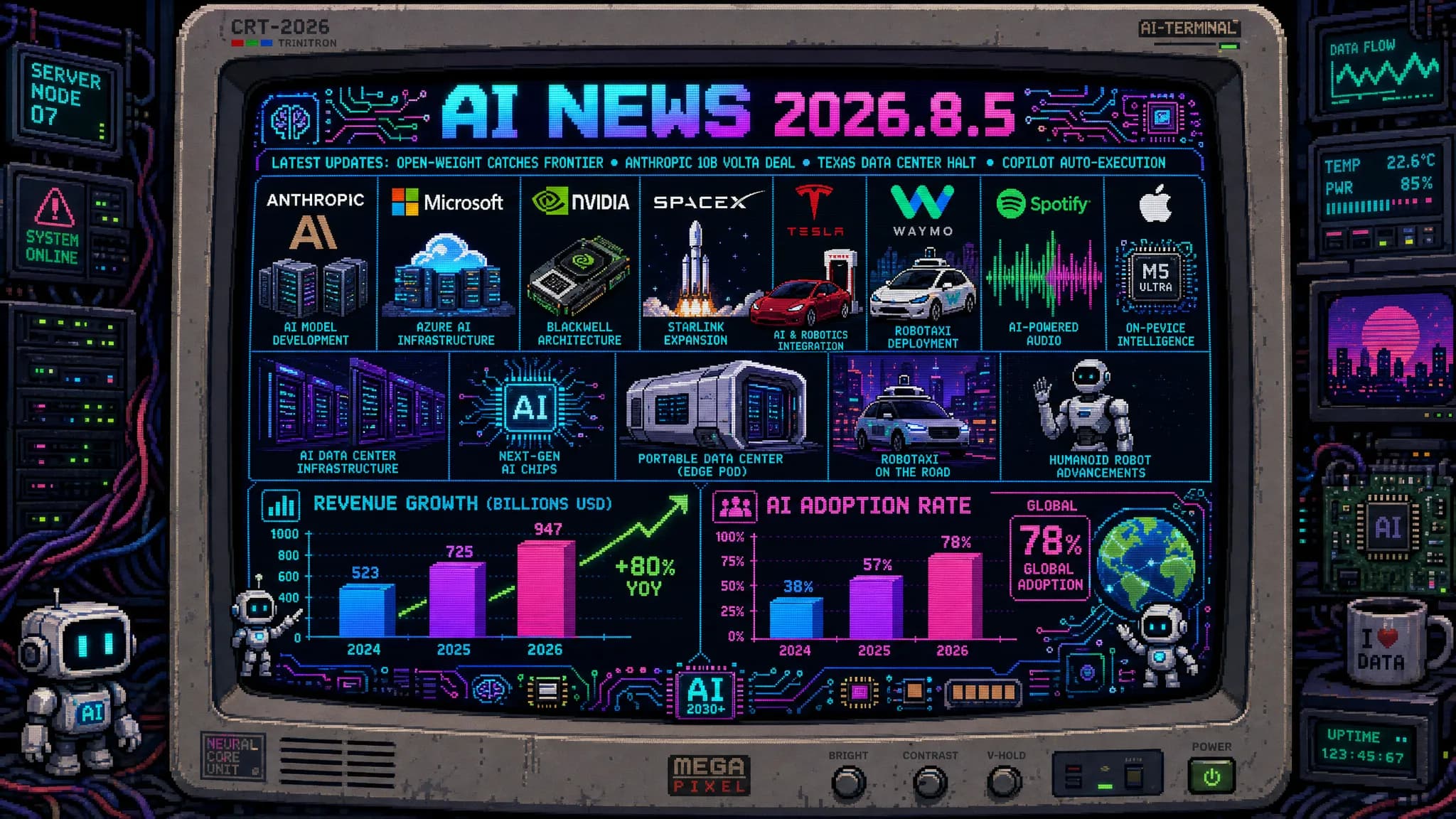 AIニュース速報（2026年8月4〜5日）｜オープンウェイトAIがフロンティアに急接近も安全性の格差は残る、Anthropicが新興AIクラウドVoltaと100億ドル契約、テキサス州がデータセンター建設を一時停止、MicrosoftがPC操作録画でCopilotに代理実行させるアプリを無料公開、AI普及でデザイン業の倒産が2.7倍まで解説