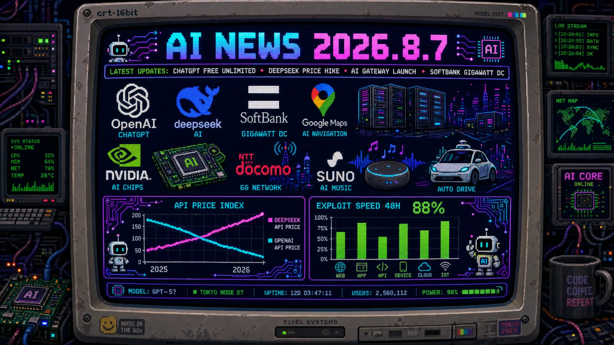 AIニュース速報（2026年8月6〜7日）｜ChatGPTが無料ユーザーもテキストチャット無制限に・新モデルGPT-5.6 Luna/Sol投入、DeepSeekはAPI大幅値上げを予告、ソフトバンクGはAIデータセンター「圧倒的に供給不足」とバブル論を否定、NVIDIAは自動運転AI Alpamayoを商用可のオープンライセンスに、モノタロウは汎用LLMに頼らない購入エージェントを独自開発まで解説