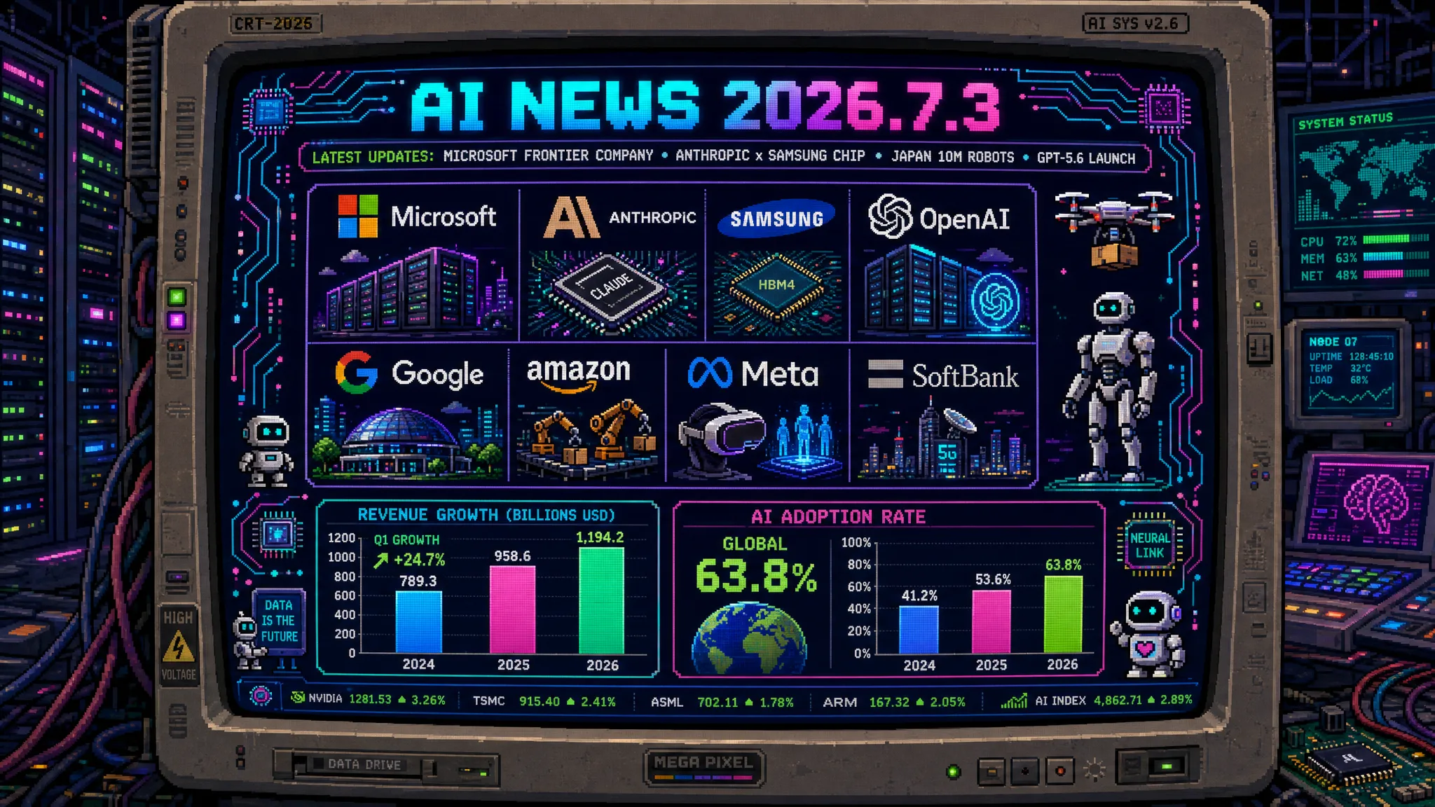 AIニュース速報（2026年7月2〜3日）｜Microsoft「Frontier Company」25億ドル設立、Anthropic×Samsung 2nmチップ、OpenAI株式5%寄付提案、GPT-5.6シリーズ、日本フィジカルAI1000万台計画、AI安全戦略改訂まで解説