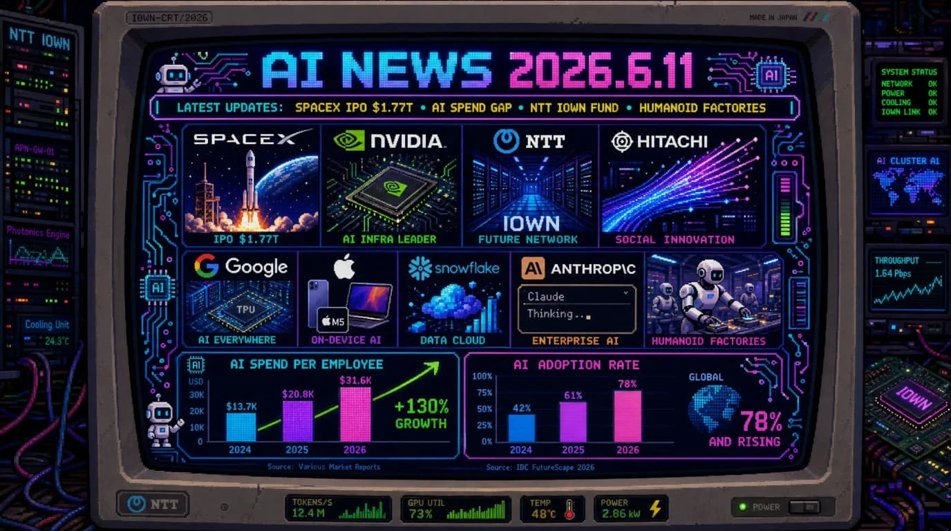 AIニュース速報（2026年6月10〜11日）｜SpaceXがIPO価格を1株135ドルに確定し評価額1.77兆ドルで明日6/12にNasdaq上場へ（史上最大IPO・約750億ドル調達・Starlink/xAI/軌道上データセンターを抱える複合AI企業・GoogleとAnthropicの月21.7億ドルコンピュート契約が評価を後押し）・Ramp AI指数で「AI没頭企業」上位1%は従業員1人あたり月7,500ドルをAIに投資し中央値はわずか11.38ドルと二極化が鮮明に・Big Tech4社がQ1決算でAI投資の成果を実証し2026年Capexを合計6,300〜6,500億ドルへ上方修正・Datadog幹部出身Niteshiftが「AIロックイン不要」を掲げ700万ドル調達＆Jedifyがコンテキストグラフで2,400万ドル調達・WriterがAIメモリツールの「イエスマン化」を実証・スタンフォードAIインデックスが安全性評価の遅れに警鐘・シェフラーが2032年までにヒューマノイド1,000〜2,000体を工場配備・SpaceX出身者が太陽光＋蓄電池でAI電力危機に挑戦・NvidiaフアンCEOがGTCパリでソブリンAI戦略へ・日本ではNTTが800億円「IOWN AI Fund」を韓SK・台湾中華電信と設立・AI NATIVE EXPO 2026が幕張メッセで開幕・AppleがEU向けSiri AIを無期限延期（日本は2026年後半ベータ予定）・日立×Google CloudがフィジカルAI協業拡大・生成AI組織利用8割超もコア業務活用は3割の壁・exaBaseがClaude Opus 4.8提供開始ほか世界10件＆日本10件まとめ