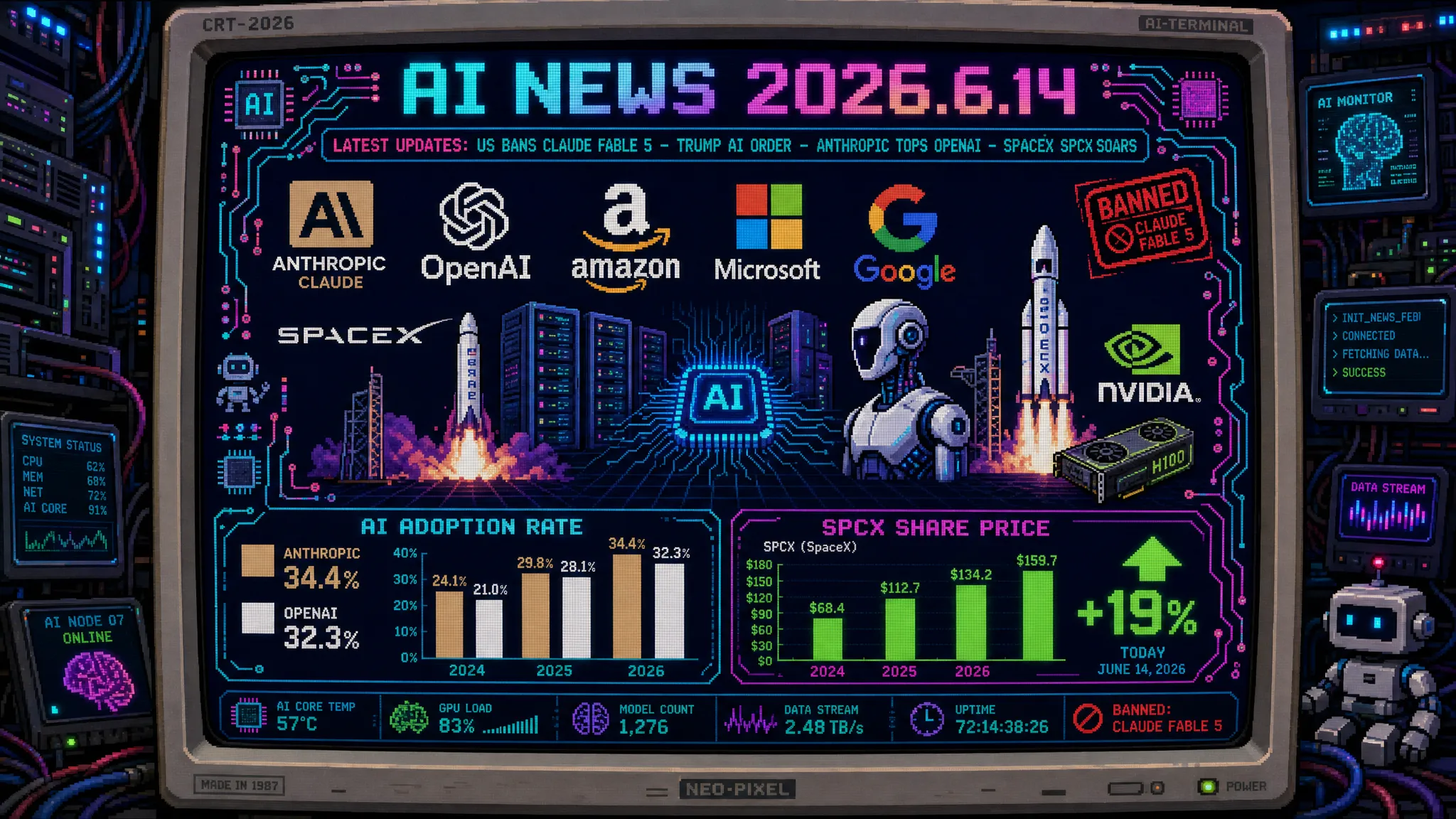 AIニュース速報（2026年6月13〜14日）｜米政府がAnthropicにClaude Fable 5・Mythos 5の全世界停止を命令しリリース3日で緊急停止（米政府がLLMアクセスを規制した史上初の事例・AmazonジャシーCEOが財務長官ベッセントへ懸念報告したのが引き金・Anthropicは「狭いジェイルブレークが商業停止の根拠になるべきでない」と反論し24時間以内の早期復旧を目指す・Opus 4.8/Sonnet 4.6は引き続き利用可能）＆トランプ大統領が30日以内のフロンティアモデル政府事前審査を骨子とするAI大統領令に署名し規制強化が鮮明・日本企業はマルチモデル戦略とフォールバック設計が急務でOrcaRouterが200+モデル最大10%割引・AIコスト40%減の月額プラン開始・Ramp AI IndexでAnthropicが企業採用34.4%でOpenAI(32.3%)を史上初めて超え「Claude一強」へ（Claude CodeがGitHub公開コミットの4%）・SpaceX(SPCX)が上場初日約19%高でMSCIインデックス組み入れ開始・中国EngineAIが香港IPOを機密申請しシェンゼン工場で15分に1台ペースで人型ロボットを量産＆Unitree日本参入・OpenAI GPT-5.6「kindle-alpha」がCodexテスト経路で流出・Microsoft Build 2026がMAI-Thinking-1含む自社7モデルを発表し脱OpenAIを加速・Claude Codeに/forkコマンドと新CLI追加・AnthropicがパートナーへClaude Design競合を事前通知せず批判ほか世界10件＆日本10件まとめ