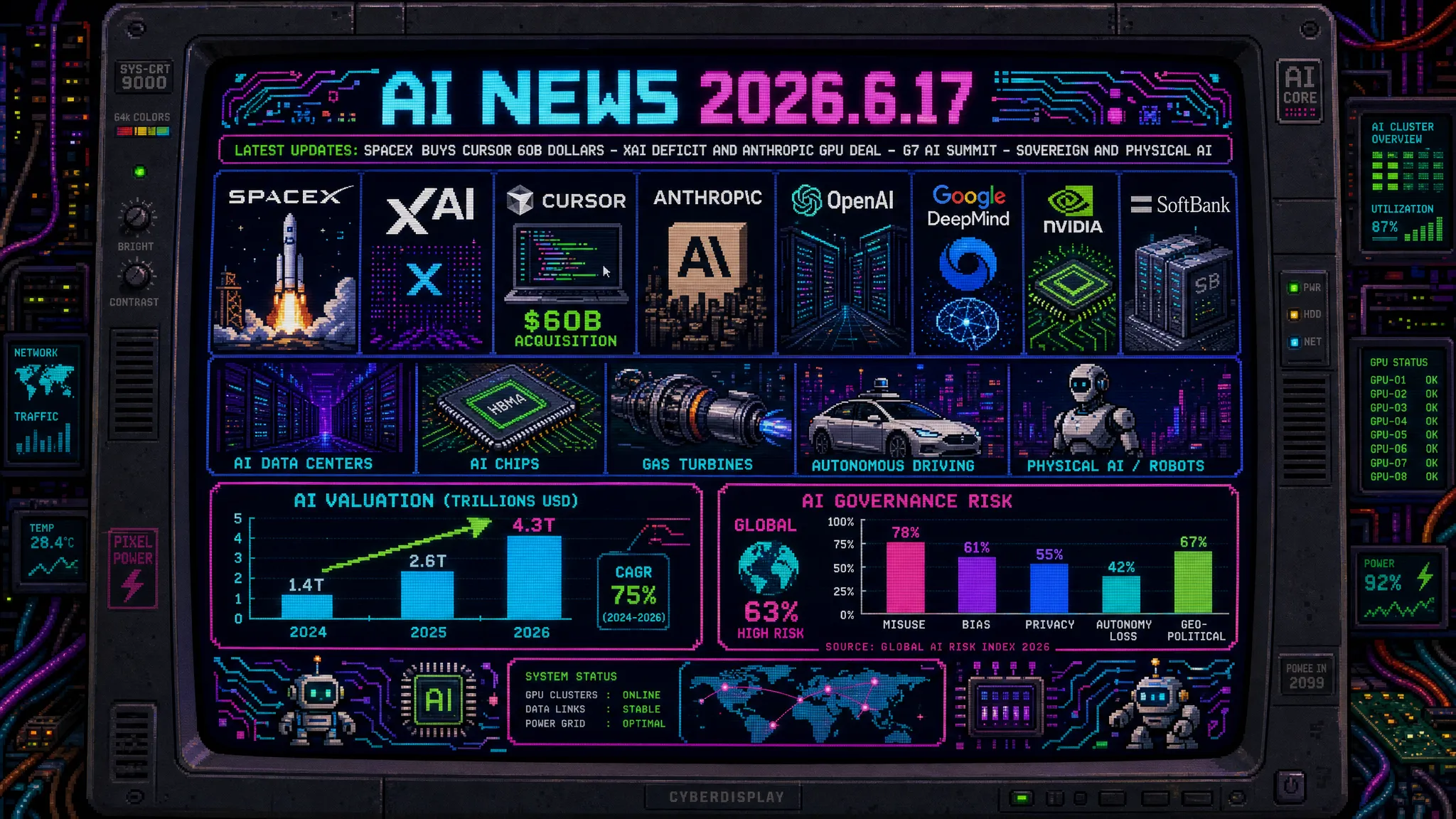 AIニュース速報（2026年6月16〜17日）｜SpaceXがIPO4日後にAIコーディング「Cursor」を600億ドルで買収しアジェンティックコーディング市場へ参戦＆S-1でxAI四半期赤字約3,600億円・AnthropicへGPU月125億円供給の「インフラ共生」が判明・米司法省がxAIの無許可ガスタービン訴訟に介入し「停止は国家・経済・エネルギー安全保障の問題」と主張・G7サミットにOpenAI／Anthropic／Google DeepMind 3トップが史上初の揃い踏み・VivaTech 2026でJensen Huangが「ソブリンAI／フィジカルAI」基調演説・Forresterが「大手AIなら安心」崩壊で4つの対策提言＆EUがAI生成コンテンツのラベリング指針を初公表・ソフトバンクがOpenAIのAIで自社脆弱性1万件を発見し孫正義氏「大変な危機」と重要インフラ向け診断サービス展開・Plaudが200万台出荷でARR1億ドル・Probablyが「幻覚99.99%防止」で900万ドル調達・Robinhoodが「AIのせいにしない」290人削減・推しAI「Zeta」が月商1億円ほか世界10件＆日本10件まとめ