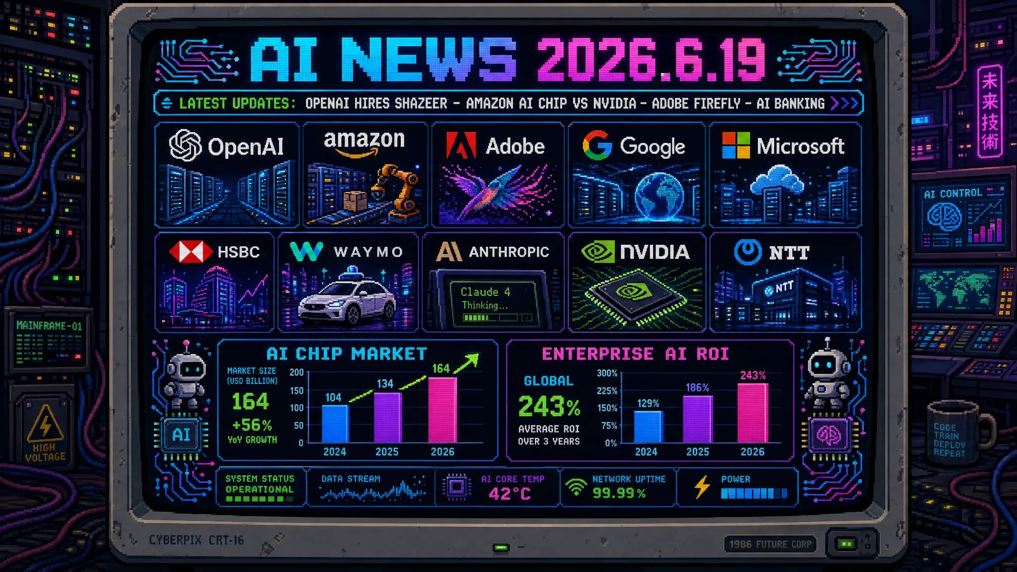 AIニュース速報（2026年6月18〜19日）｜OpenAIがGoogle Gemini共同リーダーでTransformer論文著者のNoam Shazeerと元トランプ政権AI政策担当Dean BallをIPO直前に獲得し技術・政策の両面を強化＆AmazonがAIチップ「Trainium」を他社データセンターへ外部販売しNVIDIA対抗を本格化・General Intuitionが体現型AIと世界モデルの基盤構築で約20億ドル評価・3億ドルをBezos／Schmidtらから調達・SnapがAI動画チームを「Dotmo」へ分社化・YC Spring Demo Dayは防衛テック／AIインフラ／エージェントが席巻・Adobeが「Firefly」をPremiere／Illustrator／InDesignに一斉統合・HSBCとGoogle CloudがGemini活用で200超ユースケース・1件1億ドル超ROIのAIバンキング提携・MicrosoftがAzure経由でOpenAIモデルを中国販売しByteDanceが年10億ドル超支出・Waymoが約4000台ロボタクシーをリコール・AnthropicがClaude DesignをCode双方向連携＆Canva出力対応で強化・NTT tsuzumi 2開発者がAIコーディング急進化を分析・FlashLabsのOrcaRouterが200超モデル最大10%割引でAIコスト40%減・かんぽ生命がAIで郵便局の「一言」を拾い保険提案・国内初ノーコードでAI×証券口座連携「Woodstock MCP」・HIBANA ROBOTICS設立・第一電材がCREATANTへ戦略投資・M&A「Deal Gate」先行登録・電通デジタルがChatGPT広告の国内パイロット開始ほか世界10件＆日本10件まとめ