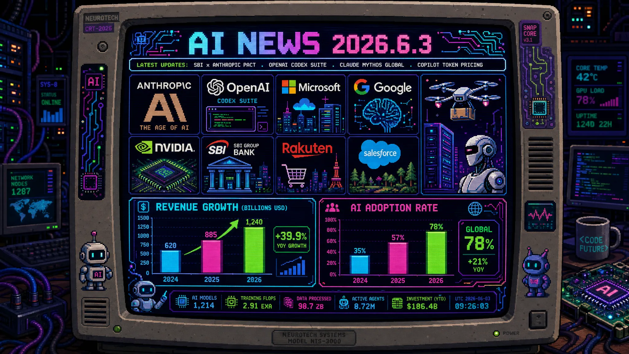 AIニュース速報（2026年6月2〜3日）｜SBIホールディングスがAnthropicと全社戦略提携し銀行・証券・保険など全グループでClaudeを展開（国内大手金融初・Ridge-i主導・Claude Security共同検証）・OpenAIがホワイトカラー向けCodexプラグイン6種（データ分析／クリエイティブ制作／セールス／プロダクトデザイン／株式投資／投資銀行）を発表しAWSでも利用可能に・AnthropicがProject GlasswingでClaude Mythosを15カ国以上150組織の重要インフラに展開しEUのENISAが初の非米国アクセス先に・Microsoftが常時稼働型個人AIアシスタント「Scout」をMicrosoft 365に統合しエージェント制御の新標準「Agent Control Specification」をOSS公開・GitHub Copilotがトークン従量課金へ完全移行し月額29ドルが750ドル相当に跳ね上がるケースも・Alphabetが800億ドル調達計画でバークシャーが100億ドル出資・TrumpがAI監視を緩和した限定的な大統領令に署名・フロリダ州がOpenAIとSam Altmanを暴力事件関連で初提訴・米国防総省がMicrosoftと96.9億ドルのCopilot統合契約・三菱重工とPreferred Networksが国産AIを共同開発し安全保障・重要インフラに活用・日本が日米AIプロジェクト「Genesis Mission」に初参加し5年間で1000億円超を共同投資・楽天スーパーSALEにAIコンシェルジュ導入・PR TIMESが朝日新聞AI「Typoless」を搭載・Salesforce Japanが日本特有のデータサイロ問題に特化した戦略を発表・VivaTech 2026が欧州型AIの発信地にほか世界10件＆日本10件まとめ