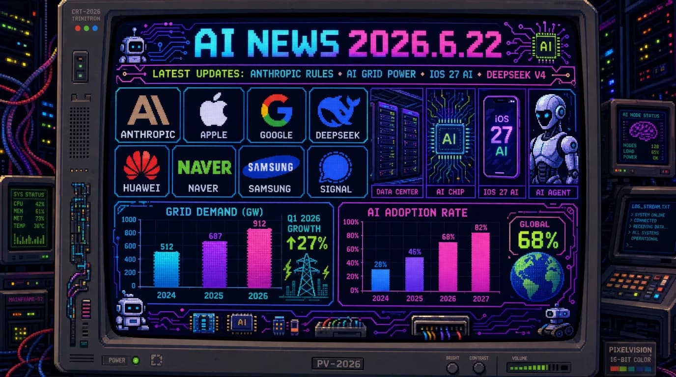 AIニュース速報（2026年6月21〜22日）｜Anthropic規制、AIデータセンター電力網、iOS 27、DeepSeek V4、韓国Claude採用、AIニュース消費、国内AI実装まで解説