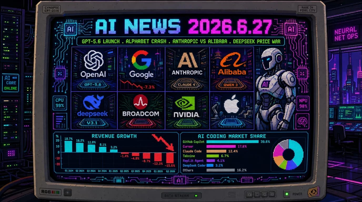 AIニュース速報（2026年6月26〜27日）｜GPT-5.6発表、Alphabet時価総額2700億ドル消失、Anthropicが Alibaba提訴、DeepSeek価格戦争、Broadcom独占設計、防衛省フェイク対策まで解説