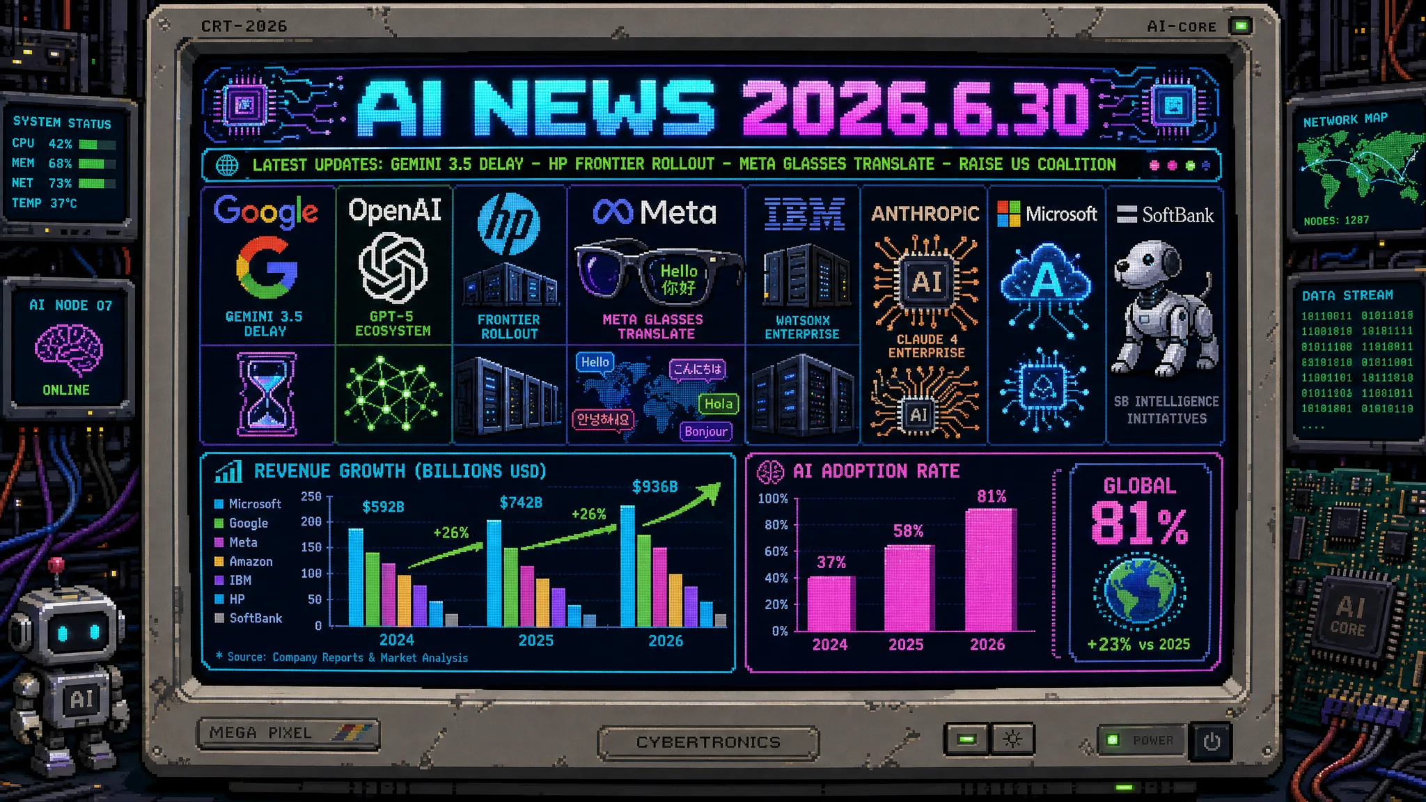 AIニュース速報（2026年6月29〜30日）｜Gemini 3.5 Pro延期、HP×OpenAI Frontier全社展開、Metaグラス日本語翻訳、ヤフコメまとめ、RAISE US官民連合、ルネサス3倍成長まで解説