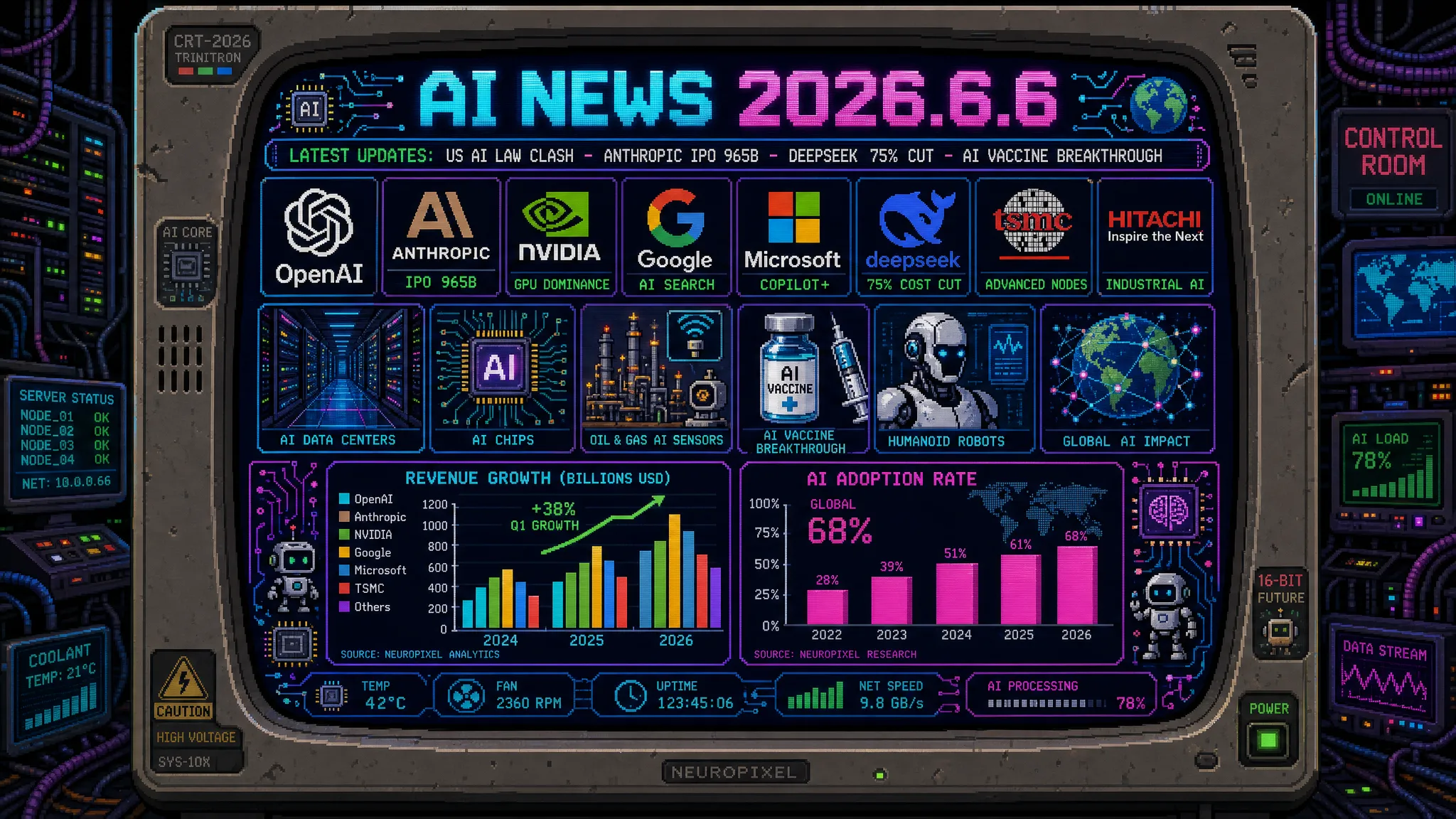 AIニュース速報（2026年6月5〜6日）｜米議会が「大米AI法案（Great American AI Act）」269ページ草案を公開し州AI規制を3年凍結へ（6/30施行のコロラド州AI法と真っ向対立）・OpenAIが「Dreaming V3」でChatGPTのメモリを自動更新型に大幅強化し計算コストを5分の1に削減・Anthropicが評価額9650億ドルでIPO申請し兆ドル上場が視野（月商470億ドルペース・SpaceXに年150億ドルのコンピュート費用）・AIコーディング戦争激化（Google/MSがAnthropic/OpenAIに反攻・CursorはSpaceXが600億ドルで買収権・DeepSeek V4 Proが価格75%削減・NVIDIA Nemotron 3 Ultra 5500億パラメータが米国最強オープンウェイト）・NVIDIA RTX SparkがPC市場参入でIntel/AMD株急落・C3 AIエージェントがShellの3万台超設備を予知保全で全自動化・OpenAIがGPT-5.5-CyberをEUに限定展開・英ケンブリッジ大がAI設計の「万能型」ワクチン臨床試験に成功・日立がAnthropic「Mythos」アクセス権取得・東大松尾研がLLM講座を無料公開・図面解析AIで工数60%削減・Anthropicが「再帰的自己改善」のリスクを公表・Claude Opus 4.8は忖度しない・TSMCがAI需要で成長維持と東京エレクトロン取引継続を確認ほか世界10件＆日本10件まとめ
