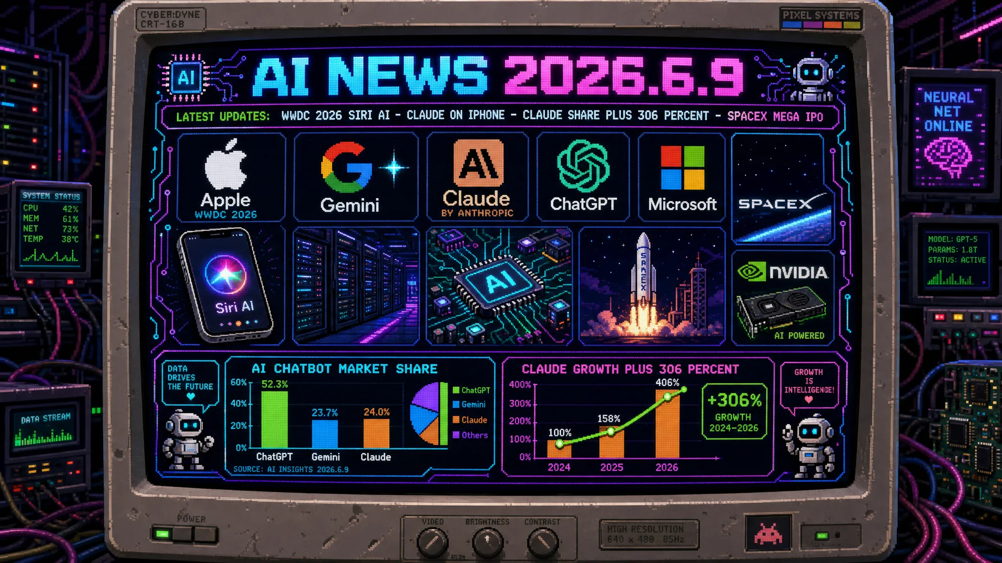 AIニュース速報（2026年6月8〜9日）｜Apple WWDC 2026開幕でTim Cook最後の基調講演として1.2兆パラメーターGemini搭載「Siri AI」とiOS 27を正式発表（スタンドアロンアプリ化・Dynamic Island統合・秋提供／Cook氏9月退任でTernus新CEOへ）・ClaudeがiPhoneのネイティブAI選択肢に（Extensionsで約22億台へ・Anthropic史上最大の消費者拡大）・新SiriはEUと中国で当初提供なしで日本語対応時期も未発表・AIチャットボット市場でClaudeが1四半期306%急成長し世界シェア8.2%へ（ChatGPT54.7%・Gemini27.4%）・MicrosoftがFoundryを1.1万モデルに拡大しClaude Opus 4.8をExcelエージェントモードに搭載＆Majorana 2量子チップで信頼性1000倍・米国防総省がClaude代替にOpenAI/Googleをテスト開始・SpaceXが評価額1.75兆ドルで史上最大IPOへ3日後に価格決定（xAI/Grok含む）・米コロラド州AI法が6/30施行でEU AI法も8/2本格施行と規制ラッシュ・CDTが主要chatbotに37件のダークパターン発見・JSAI2026とAI Engineering Summit Tokyo開幕・M&A Lead「Deal Gate」先行登録開始ほか世界10件＆日本10件まとめ