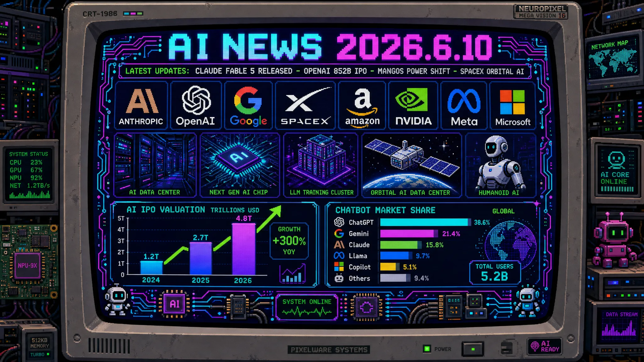 AIニュース速報（2026年6月9〜10日）｜AnthropicがMythos級「Claude Fable 5」を一般公開（Stripeが5000万行を1日で移行・ポケモンをスクショだけでクリア実演・入力$10/出力$50・6/22まで追加料金なし・Bedrock/Vertex/Foundry即日対応）＆サイバー防衛解除版「Mythos 5」を限定提供で危険警告の数日後の公開に安全性論争・OpenAIが$852Bで機密IPO申請しAnthropic($965B)/SpaceX($1.75T)と史上最大の三つ巴・FAANGに代わる新権力「MANGOS」が時価総額$10T超で台頭・Google AI Plusが世界的に約5割値下げ（日本¥1,200→¥725・ストレージ200GB→400GBに倍増）・SpaceXが軌道上AIデータセンター衛星「AI1」を初公開し6/12史上最大IPOへ・AmazonがテキストからAIカスタムグッズ・GoogleのAIシフトでパブリッシャー危機・AI Expo 2026で「本番実装」へ移行・日本ではJSAI2026 40周年記念式典＆GMO×Turing自動運転＆AI Samurai特許AIレビューほか世界10件＆日本10件まとめ