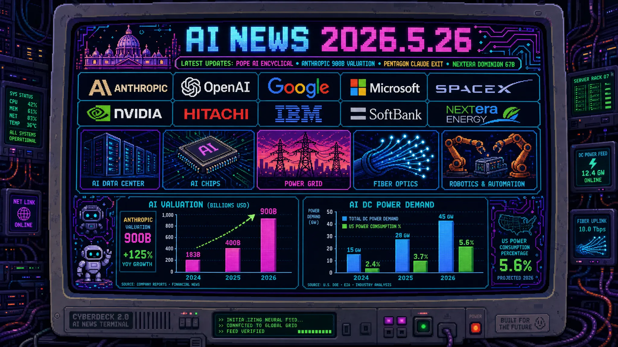 AIニュース速報（2026年5月25〜26日）｜教皇レオ14世が初の回勅「マニフィカ・ウマニタス」でAI規制と「AIの武装解除」訴え（Anthropic共同創業者Christopher Olah共同登壇・14億人カトリック教会がAI倫理でAnthropicをパートナー認定・レールム・ノーヴァルム135周年同日発表）・米国防総省がAnthropicを「サプライチェーンリスク」指定しOpenAI/GoogleのAIを機密ワークフローで評価開始（6ヶ月以内移行目標・自律兵器/大規模監視への使用拒否で対立・Anthropicは法的措置でMythosクラスのみ継続提供の複雑な構図）・Anthropic評価額$9,000億超で$300億超ラウンド今週クローズへ（Sequoia/Dragoneer/Greenoaks/Altimeterが各$20億出資・OpenAI $8,520億抜き世界最高評価AIスタートアップに浮上・Q2収益$109億で初の営業黒字見通し・2月評価額$3,800億から3ヶ月で2.4倍）・SpaceX IPO申請書でAnthropicがSpaceXに月$12.5億/最大$450億のコンピュート契約判明（2029年5月までGPU 22万基/300MWでClaude推論学習・NVIDIA/AWS Trainium/Google TPU/SpaceX/Microsoft Maia 200の5社体制でコンピュート多様化加速）・AnthropicがMicrosoft Maia 200採用協議で5社目のチップパートナーへ（フロンティアAI企業で唯一の「コンピュートオプション性」戦略）・OpenAI Codex MacロックでもAI自律操作可能（人間不在でエージェントがバックグラウンド完全自律動作・Claude Code/Antigravity 2.0との競争激化）・OpenRouterで中国AIモデルが流量60%占有衝撃（DeepSeek V4/Kimi K2.6/GLM-5.1/Qwen 3でUS勢圧倒・Meta「Avocado」開発情報途絶でオープン領域の中国勢支配確立）・Intuit AI再編加速で従業員17%・3,000人超削減（Salesforce/Microsoft/Google/Meta 8,000人に続く大手AI主導レイオフ連鎖・「AIで同じ成果を少人数で出す」新パターン定着）・AIエージェントだけのソーシャルネットワーク誕生でNature誌が科学仮説生成/実験提案を報告（Anthropic Co-Scientist/Google DeepMind Robin競争本格化・複雑タスクで人間科学者が依然AI上回るとの並走研究も）・NextEra EnergyがDominion Energyを$670億で買収（米電力会社合併史上最大・AI DC電力消費2030年に米国電力15-25%占有予測・バージニア北部世界最大DCクラスター電力直接掌握）・日立Anthropic提携フィジカルAI 100兆円市場戦略全容公開（阿部淳副社長「ハードウェアに知性を乗せられるかが勝敗を決する」・29万人Claude導入・社会インフラへのフィジカルAI展開本格化）・IBM watsonx Orchestrate次世代版で数千エージェント統制基盤発表（企業平均1,600以上エージェント時代・経営幹部70%が現在ガバナンス不十分・IBM Bob開発者AIパートナー正式提供開始）・教皇AI回勅の日本含意（AnthropicがAI倫理基準点として世界選定・日立/NEC/三菱UFJ Claude採用の長期安心材料・調達基準策定の参照事例）・Anthropic評価額$9,000億の日本影響（トヨタ時価総額超え・日立29万人/NEC全社/メガバンク3社Claude Mythos長期戦略安定材料）・米国防総省Anthropic排除動きが日本防衛AIへ波及可能性（骨太方針AI投資の国・地域別戦略議論進展・安全保障AIプレーヤー選定課題）・入管庁SNS自動巡回AI導入検討（不法滞在/不法就労摘発・プライバシー権/表現自由懸念・行政AI監視倫理議論本格化）・フジクラ3,000億円投資断行で光ケーブル10年伸長見通し（NextEra-Dominion合併に並ぶAIインフラ物理層変革・素材インフラ企業の商機）・Google AI Pro月額1万4,500円でYouTube Premium Lite無料付与（YouTube広告ほぼ非表示・GoogleエコシステムバンドルでChatGPT/Claude差別化鮮明）・ソフトバンク最終利益5兆円超日本企業史上最高（OpenAI評価益主因・Anthropic $9,000億評価でOpenAI再評価焦点・日本機関投資家AIスタートアップ評価基準更新）・中国AI APIコスト破壊で日本スタートアップ選択肢変化（OpenRouter 60%占有衝撃・データ主権vs低コストのトレードオフ明確化）・日本：Claude調達倫理基準明示／対米軍事AI戦略再検討／フィジカルAI 100兆円市場参入／IBM型エージェント統制基盤導入／中国AI vs データ主権トレードオフ／AI×電力インフラ商機／Google AIエコシステム選択／AIスタートアップ評価更新／AI監視と人権バランス／フジクラ型素材AI投資の8論点経営アジェンダ更新ほか世界10件＆日本10件まとめ