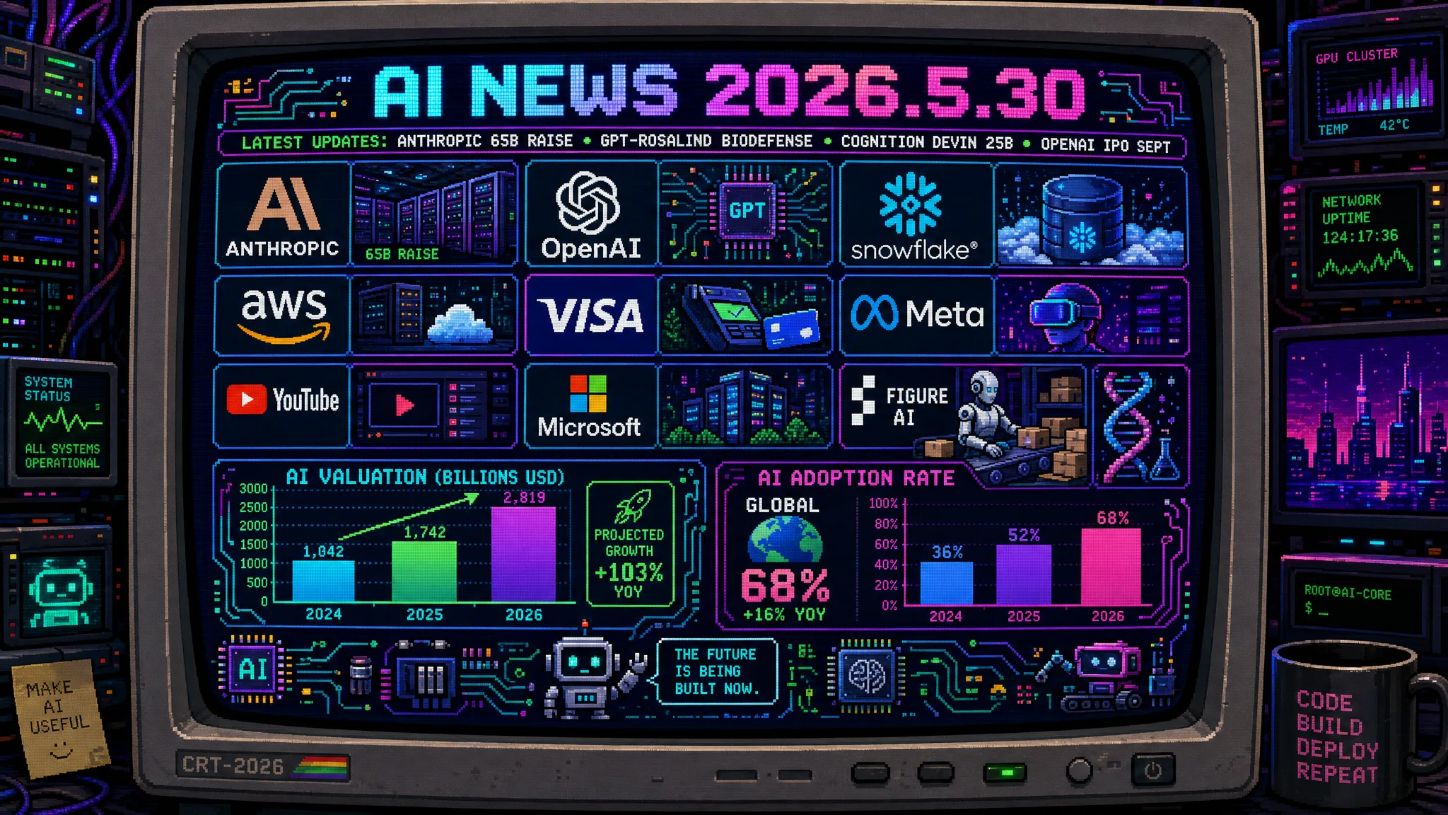 AIニュース速報（2026年5月29〜30日）｜AnthropicがシリーズHで650億ドル調達し評価額9650億ドルでOpenAIを超えIPOも視野（ARR470億ドル突破・最後の非公開市場調達・同日Claude Opus 4.8リリース）・OpenAIが生命科学推論AI「GPT-Rosalind」をバイオディフェンスに開放（パンデミック対策・Lawrence Livermore/Johns Hopkins/CEPIが初期パートナー・二重用途リスク懸念）・Cognition（Devin）が10億ドル調達で評価額250億ドル（8カ月で2.5倍・ARR4.92億ドル・Mercedes/NASA/Goldman/Santander顧客）・SnowflakeがAWSと総額60億ドル契約でGravitonチップ活用しAIエージェント基盤強化（株価最大36%上昇）・VisaがReplitに戦略投資しエージェント決済インフラを開発者向けに整備・ElevenLabsが楽曲途中でジャンル切替できる音楽生成モデルを発表・YouTubeがAI生成動画を自動ラベリングし未申告投稿者にも強制表示・MetaがInstagram/Facebook/WhatsAppのサブスク開始でAIプランも展開へ・Figure AIのヒューマノイドが200時間連続稼働で24万9558個を無故障ソート・OpenAI IPOが9月有力でマスク訴訟棄却・Goldman/Morgan Stanleyと契約済み・OpenAIが日本政府とサイバーセキュリティで協力し最新AI「GPT-5.5-Cyber」を金融機関に提供・東大発スタートアップが国産人型ロボ量産化へ三菱自動車も出資・デジタル庁がガバメントAI「源内」向け国産LLMを再公募し有償調達へ転換（評価テスト50問→300問・8月からtsuzumi/Takane等7モデル試験導入）・JR西日本が手書き2時間の車両作業計画をAIで10分に短縮し熟練者依存から脱却・「Nano Banana 2」「Nano Banana Pro」が一般提供開始で動画からの画像生成もサポート・Microsoft「Foundry Local」でクラウド依存・トークン課金なしのローカルAI基盤を提供・OpenAI FoundationがAI経済激変から労働者を守るため2.5億ドル拠出・NEC/日立/富士通がAnthropic提携でそろい踏み・大林組がAI-CAEで風荷重評価を効率化（RICOS製ソリューション）・日本：マルチAI調達／フィジカルAI国産化と量産化／ガバメントAI有償調達／金融サイバー防衛／ローカルAI実装／AI労働対策／建設×フィジカルAIの経営アジェンダ更新ほか世界10件＆日本10件まとめ