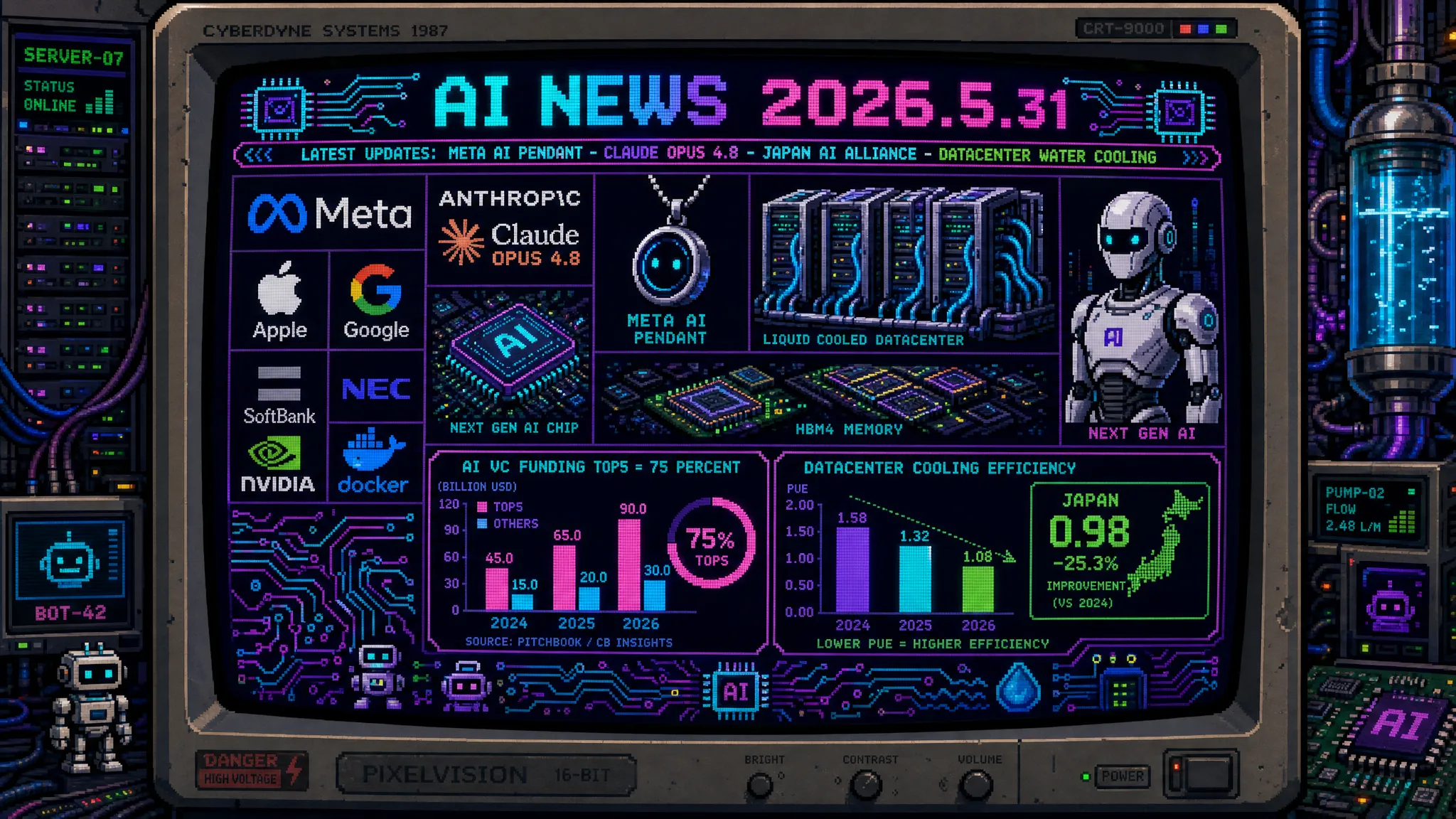 AIニュース速報（2026年5月30〜31日）｜MetaがAIペンダントを秘密裏に開発中で年内社内テストへ（2025年末買収の常時録音スタートアップLimitless技術を活用・企業向け「Wearables for Work」サブスクも検討）・VC調達資金の75%が上位5社（Anthropic/OpenAI/xAI/Scale AI/Mistral）に集中する「グループシンク」現象をトップVCが告白・AnthropicがClaude Opus 4.8を一般提供（誠実さ飛躍向上でバグ見落とし1/4・Dynamic Workflows搭載・高速モード3倍安2.5倍速・数週間以内にMythos級を全ユーザー開放）・AppleがGoogle Gemini搭載の独立Siriアプリをリーク（WWDC 2026目前・25億デバイスでChatGPTに対抗）・CMEとICEがAIトークン先物を準備し算力コストの金融化が進行・AnthropicのSpaceXリース期間に2年/5年/10年と食い違い・Oculus創業者のSesameがiOS会話AIアプリを公開・RobinhoodがAIエージェント株取引「Agentic Trading」を解禁・Google AI検索への反発でDuckDuckGoが最大30%急増・中国がAI人材の海外流出を国家戦略で本格阻止・日本ではNTTデータ/富士通/日立/NEC/ソフトバンクがAIデータセンターの水冷技術を本格開発（NEDO補助金も検討）・小泉進次郎防衛相が自衛隊のAI活用を安保3文書に明記する方針を表明・SoftBank/NEC/Honda/Sony主導の国産AI基盤モデル連合に旭化成・安川電機など30社が参加検討で経産省は最大1兆円補助・1兆パラメータのフィジカルAIを2027年までに開発計画・デジタル庁ガバメントAI「源内」が全府省庁約10万人で実証開始・Docker専用AIエージェント「Gordon」が無料でも使える正式版に・レノボが国産水冷AIインフラの検証施設を設置・参院本会議で松本剛明デジタル相が答弁のAI原案作成を公表（国会答弁AI活用を大臣が公式に認めた初事例）・出版/アニメ業界団体がAI著作権侵害への合同声明ほか世界10件＆日本10件まとめ