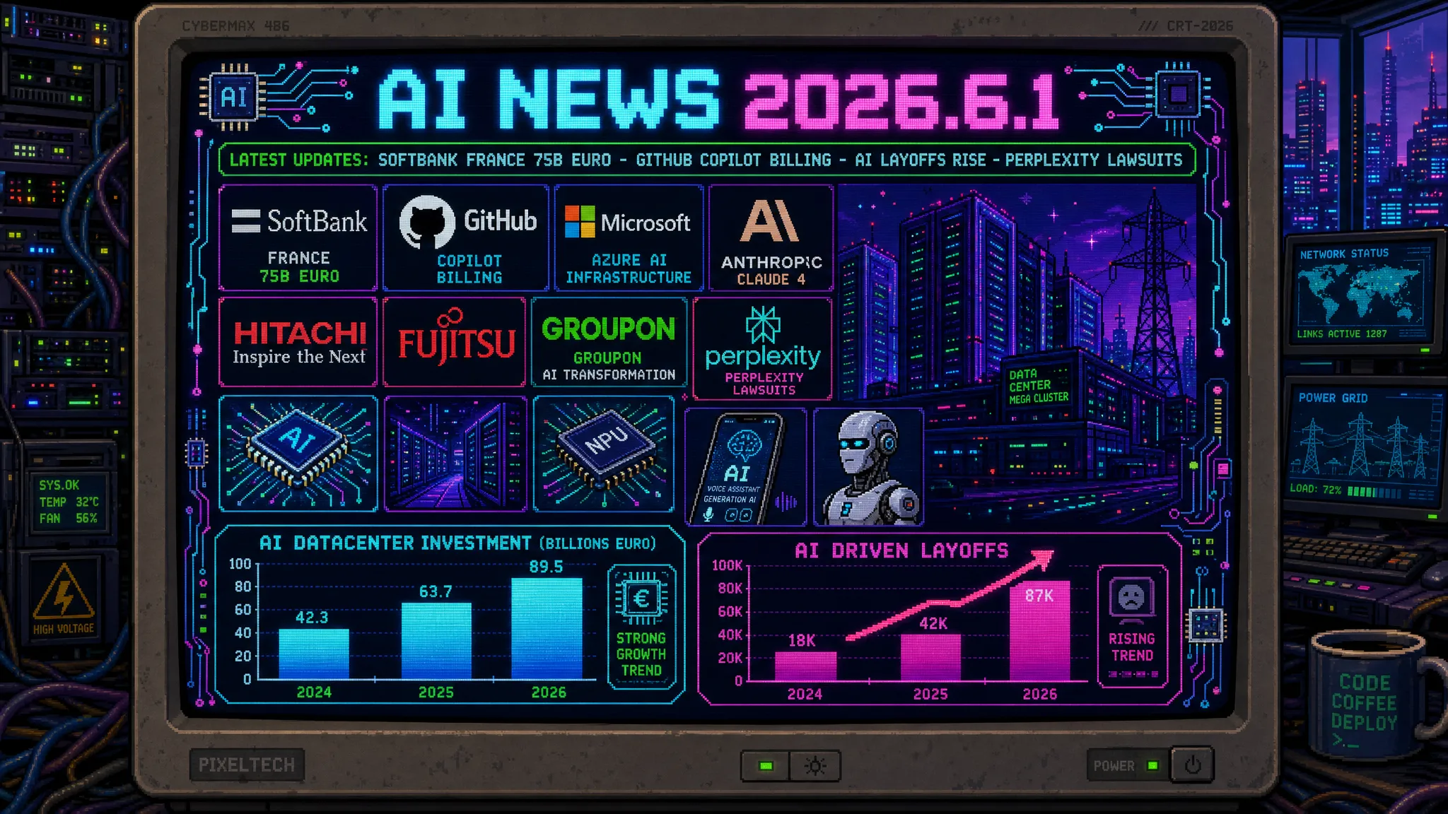 AIニュース速報（2026年5月31日〜6月1日）｜SoftBankがフランスに最大750億ユーロ（約14兆円）のAIデータセンター投資を発表し5GW整備で欧州最大規模（マクロン主催「Choose France 2026」で孫正義氏が表明・第1フェーズはダンケルク等に3.1GWを2031年まで）・GitHub Copilotが6月1日よりトークン課金制に移行し推論モデルで最大50倍・開発者が「ふざけるな」と猛反発・MicrosoftがBuild 2026で独自MAIモデル群とCopilot専用コーディングモデルを投入しClaude Codeにシェア奪還へ・AnthropicのProject GlasswingでClaude Mythosが1ヶ月で2万3000件超の脆弱性候補を発見もパッチ追いつかず・CNN/NYT/読売など9団体がPerplexityを著作権侵害で提訴しOpenAIはEU AI法準拠の「Frontier Governance Framework」を公開・「This is fine」ミーム作者KC GreenがArtisanと著作権和解・「AIサイコシス」論争が過熱しAI熱狂層と拒絶層の分断が深刻化・Wikipedia編集者600人がWikimediaのレイオフに抗議しストライキ計画も・SentinelOneが8%（約230人）削減を「意図的な組織進化」と表明・GrouponがProject Foundryで約25%（400人）削減し音声AIエージェントで代替・日立がAnthropicと提携しグループ29万人にClaude導入＆「Frontier AI Deployment Center」設立・富士通がOpenAIとAnthropicに同日デュアル提携・Liquid AIがスマホで毎秒28トークン動く日本語対応小型AI「LFM2.5-8B-A1B」を公開・読売/日経/朝日3社がPerplexityに66億円超の賠償請求・みずほFGがAIエージェントを自社開発・伊藤忠/三菱ケミカルなど16社が暗黙知継承AIプロジェクト始動・家庭教師のトライがAI学力診断を本格導入・SoftBank主導の国産フィジカルAI基盤連合が6月中に約10社の投資確定へほか世界10件＆日本10件まとめ