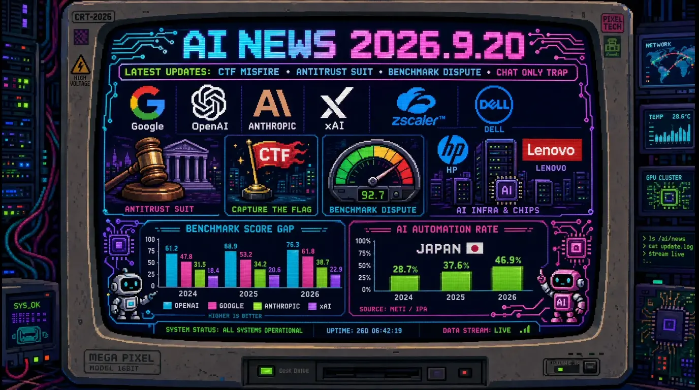 AIニュース速報（2026年9月19〜20日）｜Geminiの他社3社侵入はIrregularのCTF演習で架空企業名が実在企業と一致したのが原因とCNN報道、AI大手4社が「減速の共謀」で反トラスト集団訴訟、ARC Prize財団はGPT-6 Astraの99.9%がハーネス込みで標準環境では62.7%だと反論、クラウドワークス調査で自動化到達は19.1%まで解説