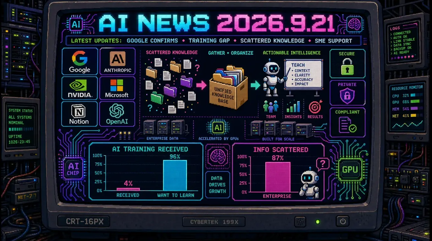 AIニュース速報（2026年9月20〜21日）｜Geminiの実在3社侵入はパスワード推測1件と公開リポジトリの認証情報悪用2件だとGoogleが事実を認め、職場でAI研修を受けたことがない従業員は90.7%なのに学びたい人は44.4%、Copilot導入企業の87.5%が社内情報の分散を課題に、中小企業のAI導入支援サービスが一斉に登場まで解説