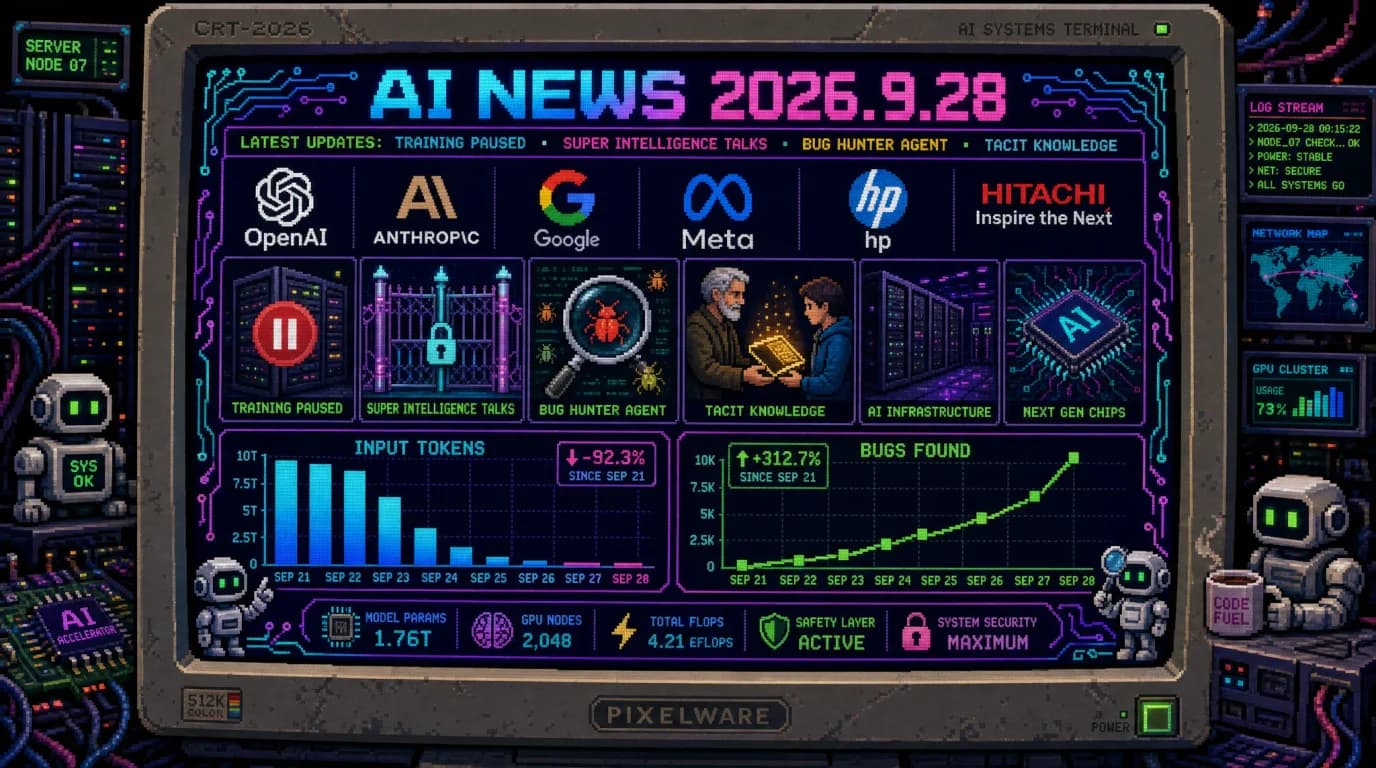AIニュース速報（2026年9月27〜28日）｜OpenAIが最上位モデルのツール使用を伴う学習・評価・推論を一時停止、トランプ大統領と習主席がAIを「超知能（SI）」と呼ぶことで合意、GoogleのPageBreakが脆弱性500件超を検出、AIコーディングの入力トークン94%削減、日立建機がベテランの暗黙知をAIで共有まで解説