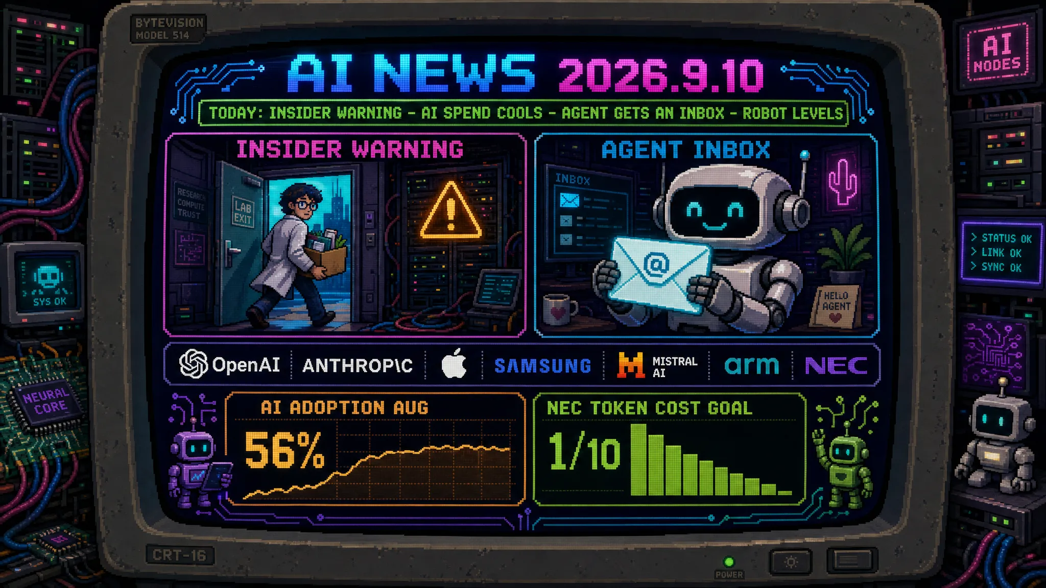 AIニュース速報（2026年9月9〜10日）｜Anthropicの研究者が退社し「命を賭けた賭けだ」と両社を批判、同社のアライメント責任者らも同調して解決計画がない実情が判明、OpenAIはリスク論者を取締役に招聘、8月のAI支出は伸び鈍化しNECはトークンコスト10分の1を目指すまで解説