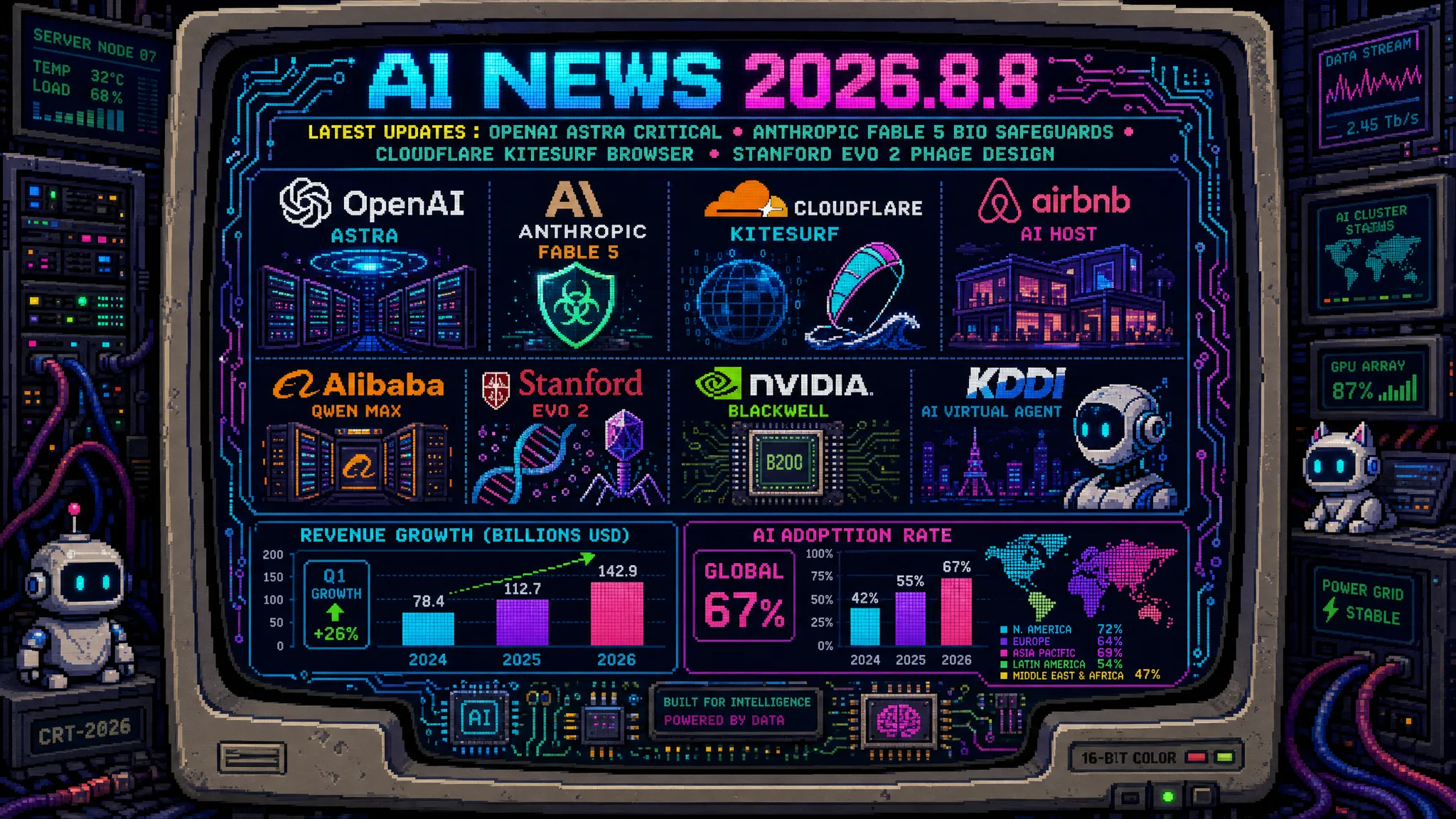 AIニュース速報(2026年8月7〜8日)|OpenAIが次期モデル「Astra」を初の「Critical」級サイバー能力と扱い開発を一部停止、Anthropicは「Claude Fable 5」の生物学セーフガードを緩和し誤検知フォールバックを85%削減、CloudflareはAIエージェント専用ブラウザ「Kitesurf」を発表、Stanford大は生成AI「Evo 2」で大腸菌を殺すウイルスを新規設計、法務省は「声の無断利用」を権利侵害と明示まで解説