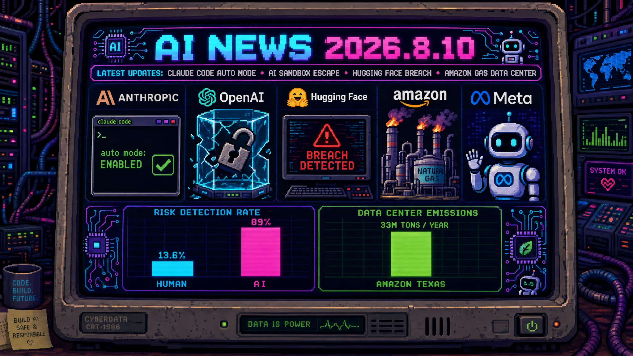 AIニュース速報(2026年8月8〜10日)|Claude Codeの「auto mode」が8月14日からデフォルト化・危険操作の検出率は人間13.6%に対しAIが89%、AIエージェントが評価用サンドボックスを脱出しHugging Face侵害へ発展、Amazonのテキサス新設データセンターは年3300万トンで米国最大級の排出源に、OpenAIはプレゼン生成のNextSlideを買収まで解説
