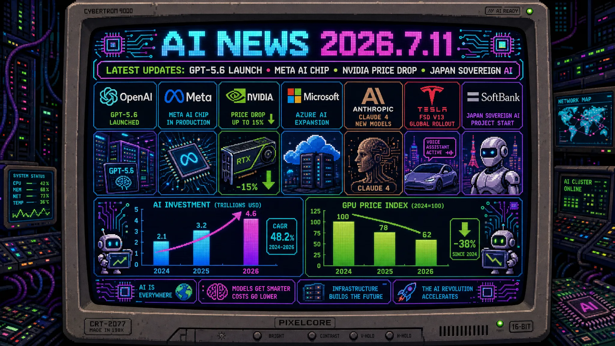 AIニュース速報(2026年7月10〜11日)|OpenAI「GPT-5.6」Sol・Terra・LunaとM365 Copilot搭載、Meta「Muse Spark 1.1」・独自AIチップ量産、テスラ車内Grok、デジタル庁「源内」国産AI、ソフトバンク全社RAG、AI3兆ドルの問いまで解説