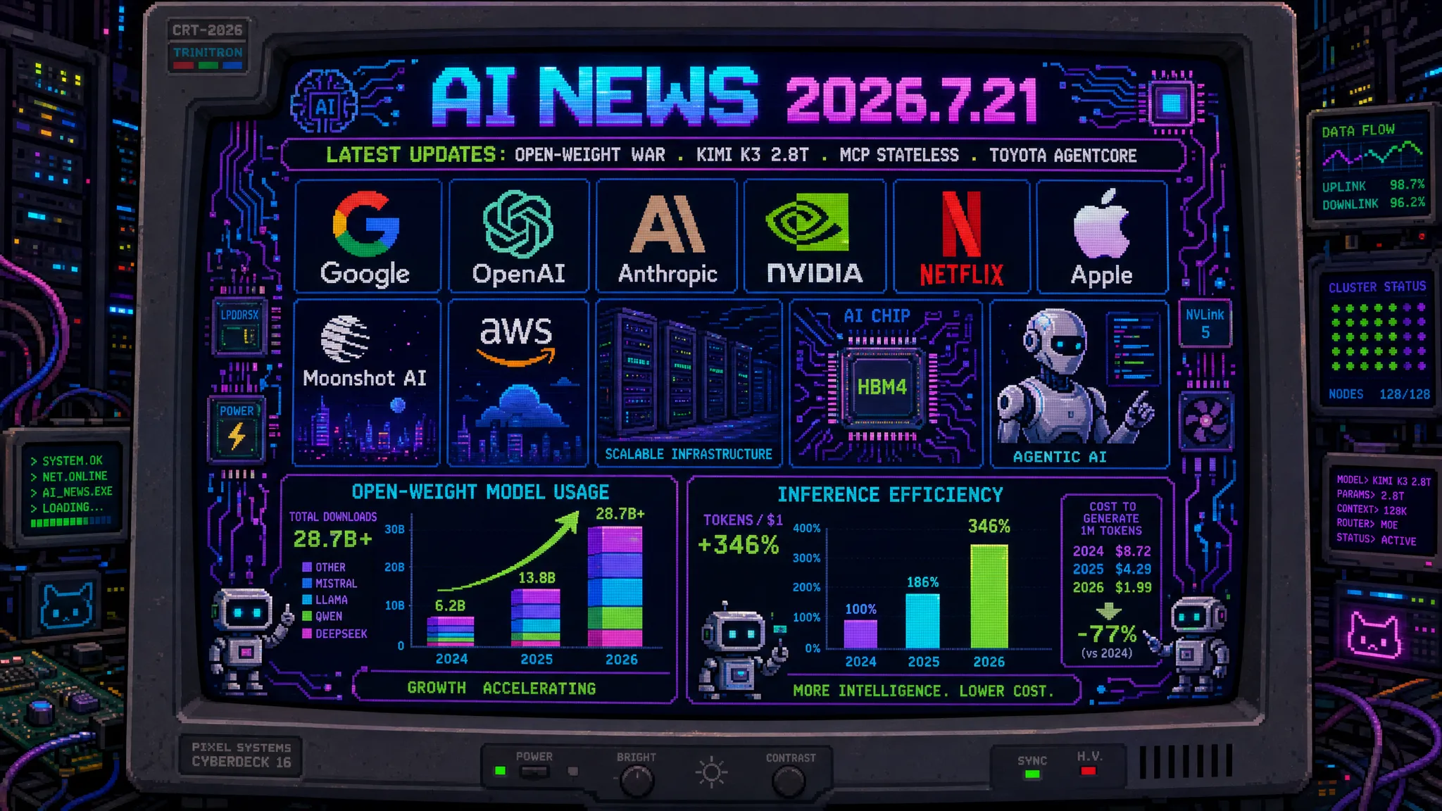 AIニュース速報(2026年7月19〜21日)|OpenAIがオープンウェイトに警戒、中国「Kimi K3」2.8兆パラメータ、Gemma 4大幅改善、MCPステートレス化、トヨタがRAGを脱しAgentCoreへ、Google新AIチップ「Frozen v2」、Netflixが5.87億ドルでAI映像スタートアップ買収まで解説