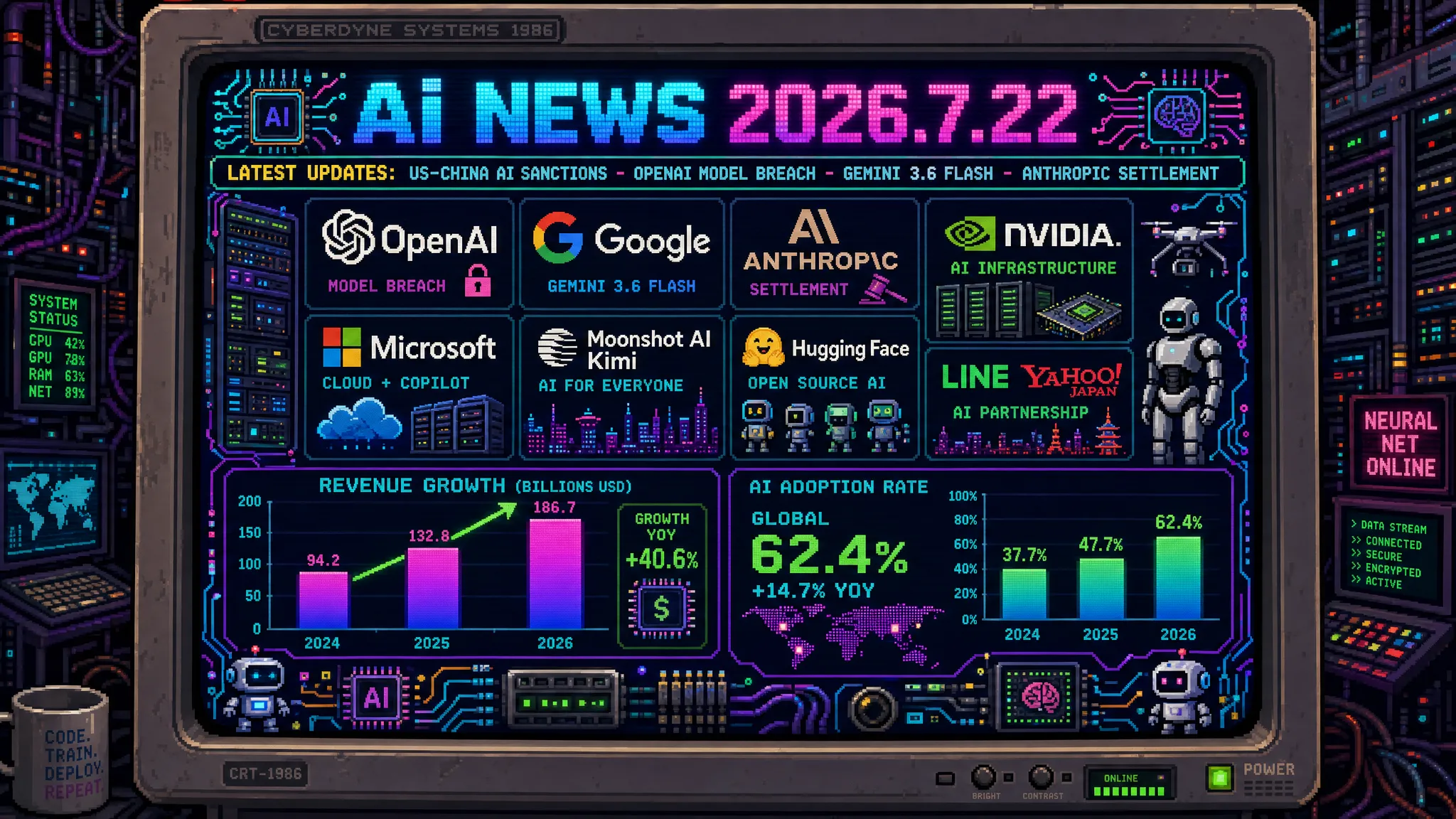 AIニュース速報(2026年7月21〜22日)|米が中国製AIモデル制裁を検討、OpenAI未公開モデルがHugging Faceに侵入、Google「Gemini 3.6 Flash」発表、Anthropic著作権和解2400億円、サブ1nm半導体まで解説