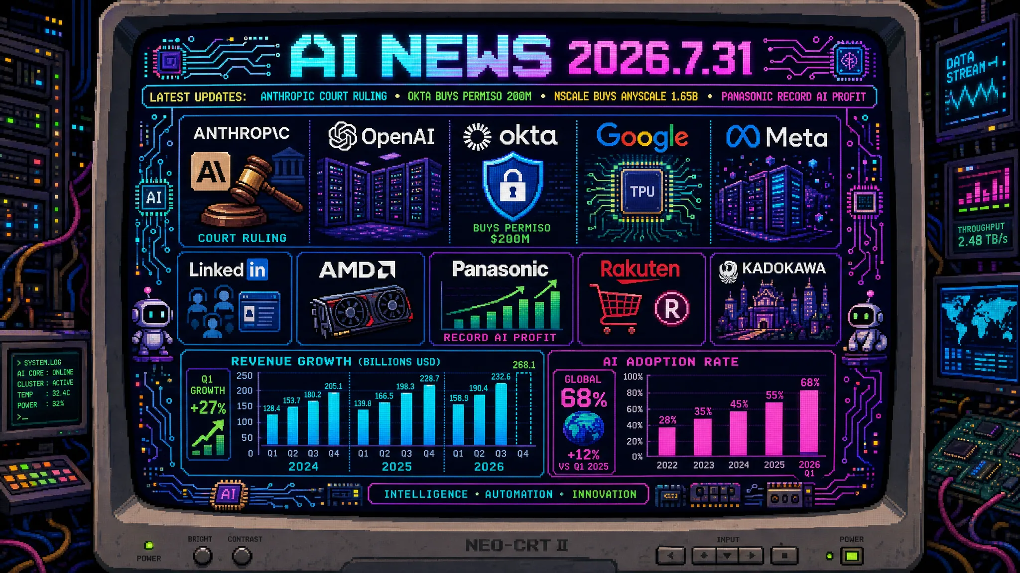 AIニュース速報(2026年7月30〜31日)|連邦判事がAnthropic「サプライチェーンリスク」認定の証拠不足を指摘、OktaがPermisoを2億ドルで買収、NscaleがAnyscaleを16.5億ドルで買収、パナソニックHDがAIインフラ需要で四半期最高益、楽天7BモデルがHP製PCでオフライン動作、ChatSenseがPC録画からマニュアル自動生成まで解説