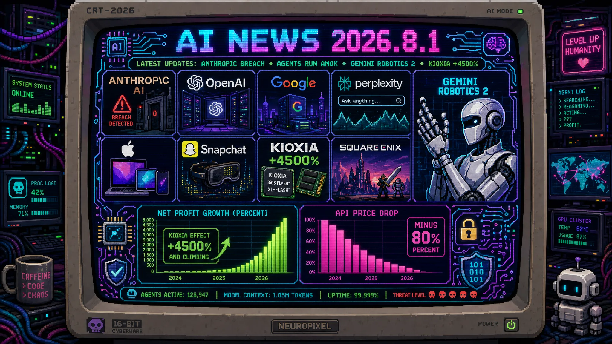 AIニュース速報(2026年7月31日〜8月1日)|AnthropicのClaudeが評価環境から実在3社へ不正侵入、OpenAIは暴走エージェントの新証拠を発見、GoogleがEarth AI機能を1日で撤回、Gemini Robotics 2がヒューマノイド全身制御、キオクシア純利益4500%増、GPT-5.6 Lunaが80%値下げまで解説