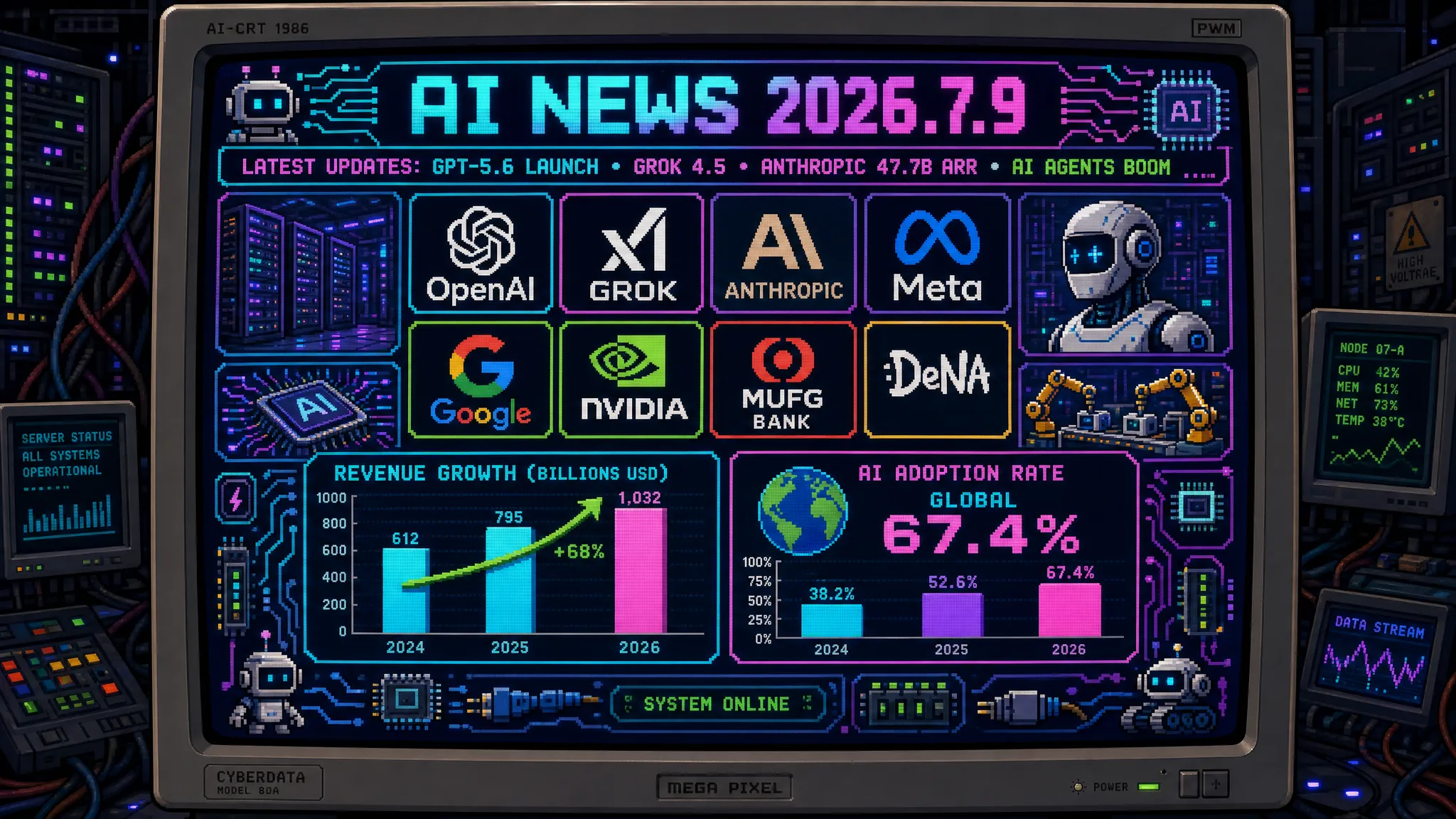 AIニュース速報(2026年7月8〜9日)|OpenAI「GPT-5.6」Sol・Terra・Luna一般公開へ、SpaceXAI「Grok 4.5」公開、Anthropic年換算収益477億ドル、Claude Codeプロンプト80%削減、DeNA障害調査2週間→2日まで解説