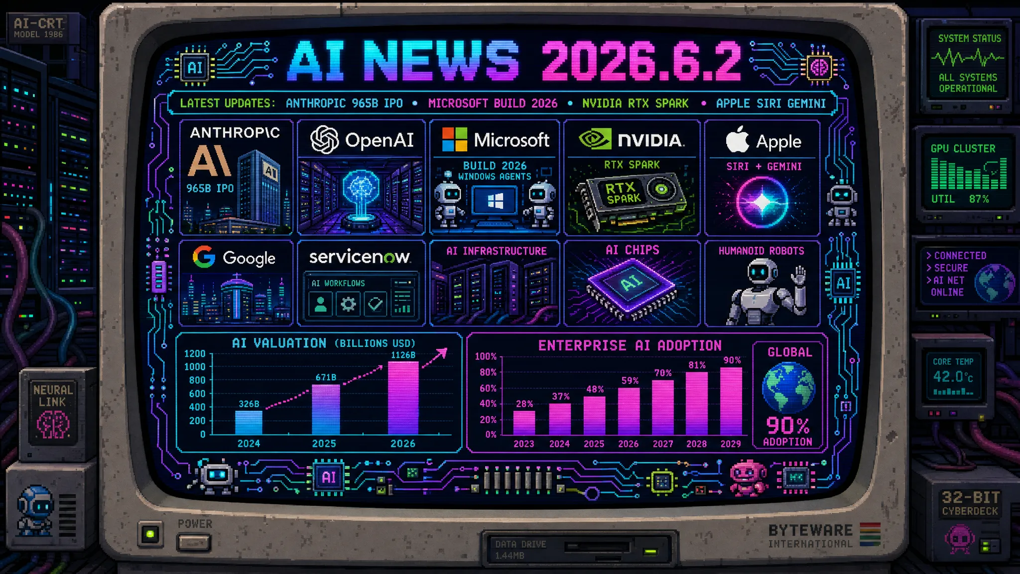AIニュース速報(2026年6月1〜2日)|AnthropicがIPOを秘密申請し評価額9650億ドルでOpenAIを抜き史上最大級のAIスタートアップ上場へ・Microsoft Build 2026開幕でWindowsをAIエージェント専用プラットフォームに刷新(Windows Agent Framework/Azure Agent Mesh/WSL 3/Copilot Workspace一般提供)・自社製コーディングAI「Project Polaris」発表でGitHub Copilotが8月にGPT-4から自動移行・NVIDIAがComputex 2026でRTX Sparkスーパーチップを発表しローカルAI PCを再発明・Vera Rubin量産開始でAzure先行・H2 2026にAWS/Google Cloud/OCI展開・Apple WWDC 2026プレビューでSiriをGemini基盤に全面刷新しClaude/ChatGPTも選択可能に・シンガポールIMDAがエージェントAIガバナンス指針v1.5を公開・OpenAIがFrontier Governance FrameworkでEU AI法整合を明示・ServiceNow×NVIDIAがエージェントAIガバナンスを拡張・AI Expo 2026で企業AIが実証卒業し本番運用へ移行(日本企業の約1/3がAIロボット採用・検討)・メルカリ木村俊也CTOがCHRO兼CAIOに就任しSansanもCAXO新設でAI×人事戦略が同時多発ほか世界10件&日本10件まとめ