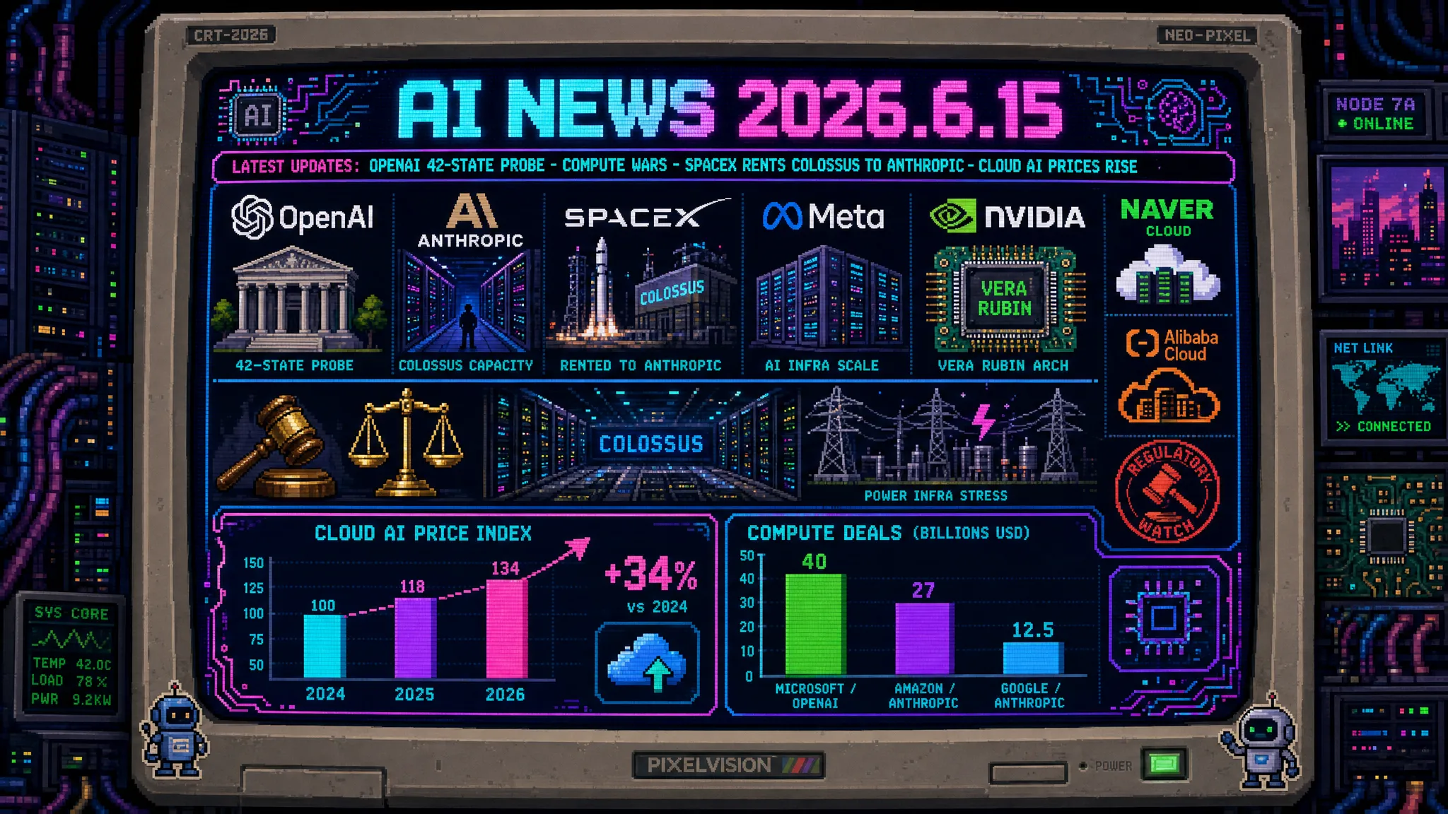 AIニュース速報(2026年6月14〜15日)|OpenAIに42州の司法長官が共同調査・サブポエナを発行しChatGPTの「過剰な同調性(sycophancy)」設計欠陥もIPO直後の規制リスクに&ニューヨーク州議会が7本のAIリスク管理法案を可決し知事署名待ち・SpaceXがxAI合併後に持て余したColossus 1(NVIDIA GPU22万個・300MW)をAnthropicへ月額12.5億ドル・総額400億ドル超で貸出しMuskは「邪悪レーダーは反応しなかった」・MetaがNebiusと5年270億ドルでNVIDIA次世代GPU「Vera Rubin」を初の大規模展開&NAVERとNVIDIAが韓国にギガワット級AIファクトリー建設・Alibaba Cloudが最大34%値上げしクラウドAIコストの「値下がり時代」が終焉・米HHSがChatGPTで全50州のメディケイド詐欺を調査するAEROプログラムで年間1,000〜2,000億ドルの不正摘発へ・Logicalis CIOレポートで16%が「プロバイダー停止時のバックアップ計画なし」とFable 5停止がリスクを実証・OpenAIのSoraは1日1,500万ドル燃焼で生涯収益わずか210万ドルと判明し終了・日本ではAI/ロボット人材が約340万人不足ほか世界10件&日本10件まとめ