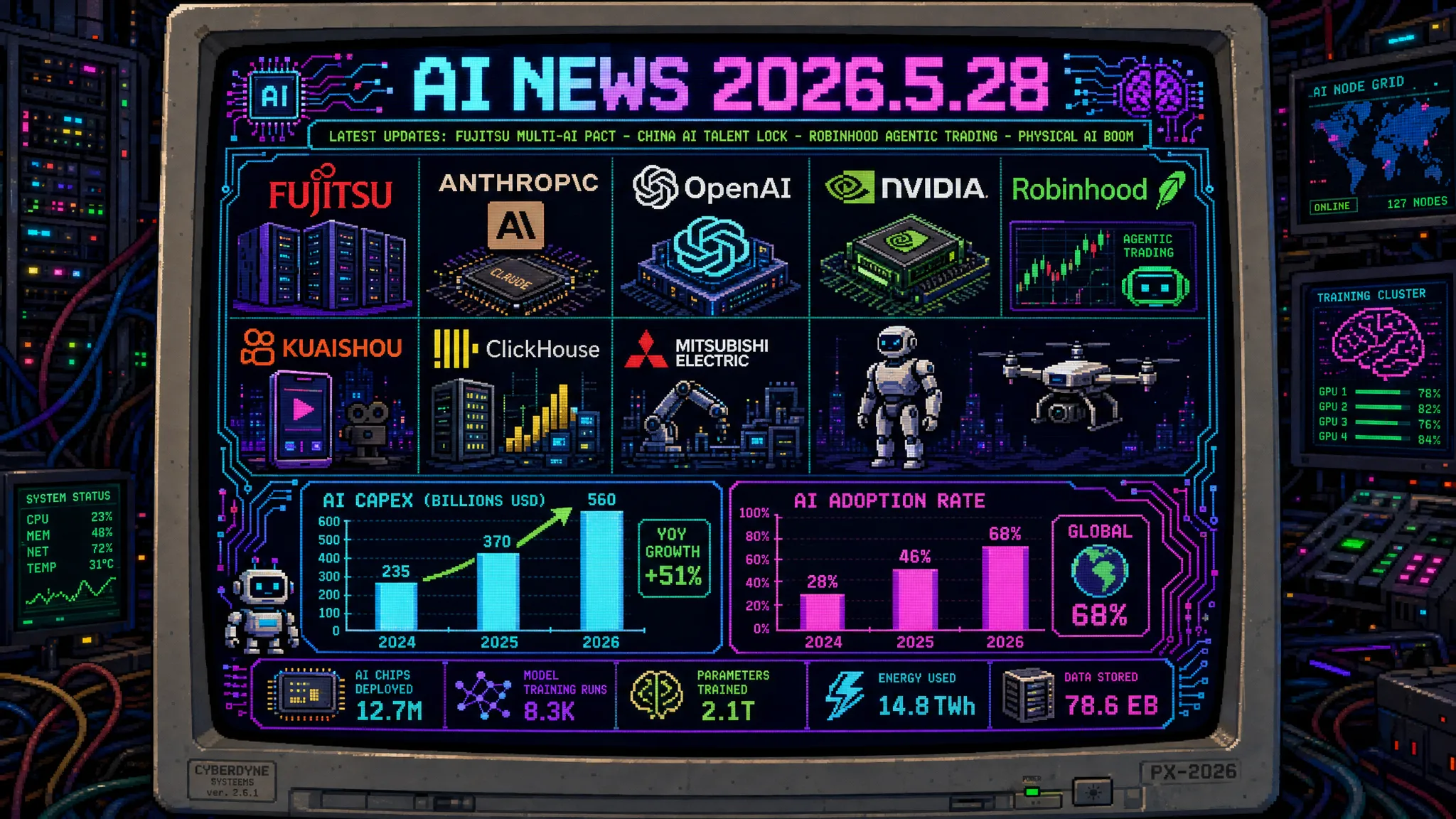 AIニュース速報(2026年5月27〜28日)|富士通がAnthropicとOpenAIの両AI大手と同時提携しグループ10万人にClaude(最新Mythos含む)展開=マルチAI戦略鮮明(Fujitsu Kozuchi/Takaneと組合せ・セキュリティ協業強化・日立に続く動き)・中国がAI人材の海外渡航を政府承認制で制限しDeepSeek/Alibaba幹部も対象(米中AIモデル性能差が2023年31%→2026年3月2.7%に縮小・人材を国家安全保障資産化)・RobinhoodがAIエージェント株取引「Agentic Trading」を2700万人顧客に開始(Claude/ChatGPTがポートフォリオ分析し専用ウォレット内で自律取引・3%還元Agentic Credit Card同時発表)・Box創業者アーロン・レヴィが経営層の「AIサイコシス」を警告(1〜5月で152社11万5430人レイオフ・AI過剰期待への戒め)・英国とオーストラリアがAIセキュリティ協定(MoU)締結・KuaishouがKling AIを200億ドル評価で20億ドル調達しスピンオフへ(年換算収益5億ドル・2027年香港IPO計画)・ClickHouseが年収3倍$250MでIPO射程圏内・BEYOND Expo 2026マカオ開幕でNVIDIA VP登壇しフィジカルAI(Digital to Physical)本番運用が焦点・Big Tech 4社が2026 AI設備投資を$630〜650Bに引き上げAzureはYoY40%でアナリスト予測超え・2026年AIは「実験段階終了」で自律エージェント/省エネ/産業応用の時代へ移行・AI向けVC投資がQ1だけで3000億ドルでOpenAI/Anthropic/xAIの3社が67%独占(超二極化)・三菱電機と千葉工大がフィジカルAI「共創センター」設立し官民両用ロボットを2029年4月までに事業化・CODA(講談社/集英社/NHK/東宝/スタジオジブリ等37社)が生成AI著作権侵害を「看過できない問題」と集団声明・Anthropic創業者クリストファー・オラーが教皇レオ14世の前でAI研究の「善意と利益の板挟み」を内省・「小説家になろう」がAI利用状況の開示を投稿時に必須化・はてなが個人向けフォーラムを開発運営にAI活用で開始・ATOM社が国産ヒューマノイド開発へ30億円シード調達・GMOインターネットGがAIエージェント活用率71.4%・生成AI業務活用率97.8%で月間35.2万時間削減(1人あたり月53.9時間)かつ「本番データ消失」失敗から導いた使いこなす人の5つの特徴を公開・日本:富士通型マルチAI戦略の調達設計/フィジカルAI国産化と官民両用ロボット/生成AI著作権リスク管理/AI開示ルール標準化/ヒューマノイド大型調達と物理AI補助5000億円/AIエージェント全社展開と人材要件再定義/AIサイコシス回避の現実的導入/米中AI人材戦争とデータ主権の8論点経営アジェンダ更新ほか世界10件&日本10件まとめ